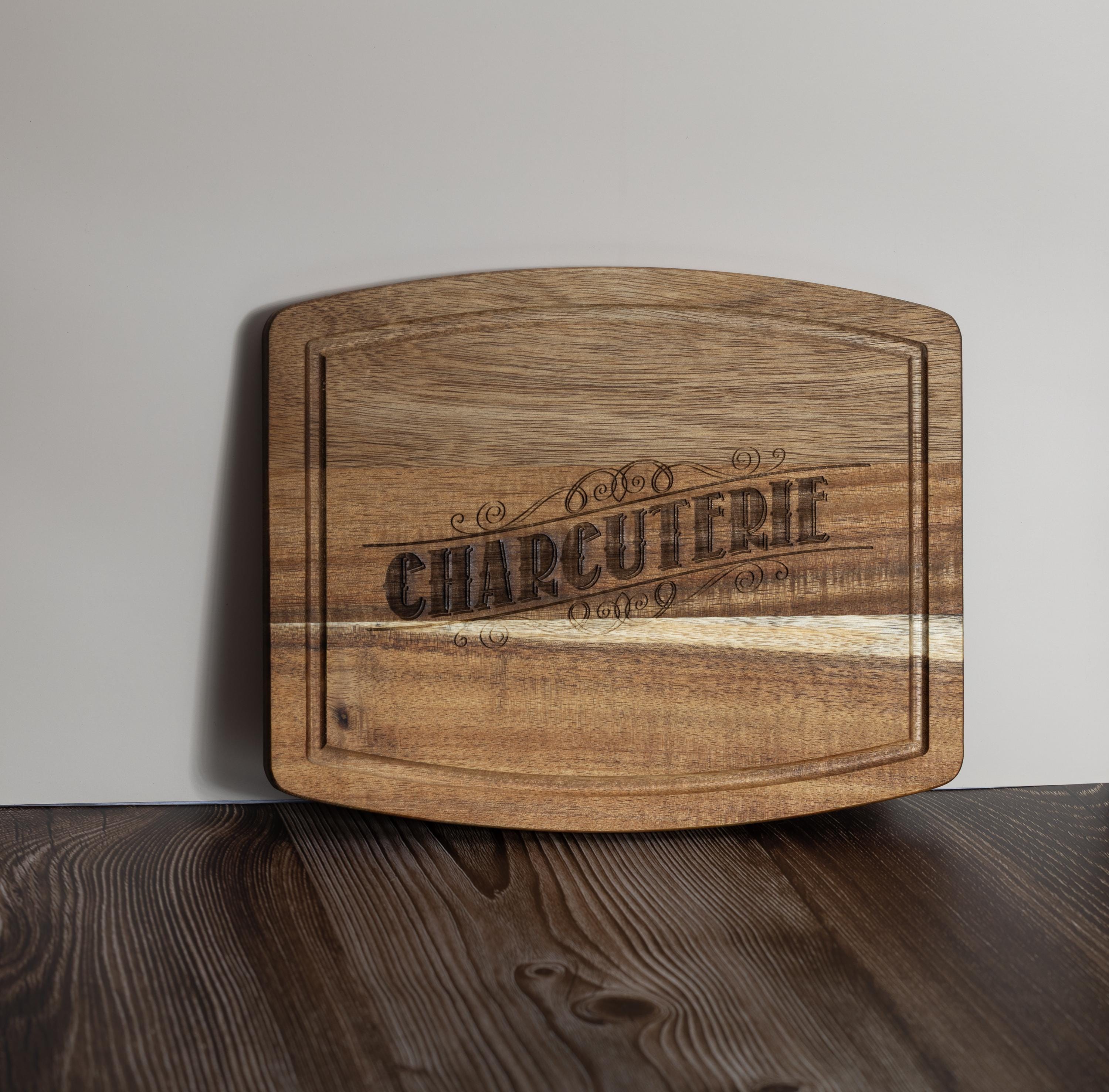 Laser engraved acacia wood charcuterie board - rustic serving tray (10x12)