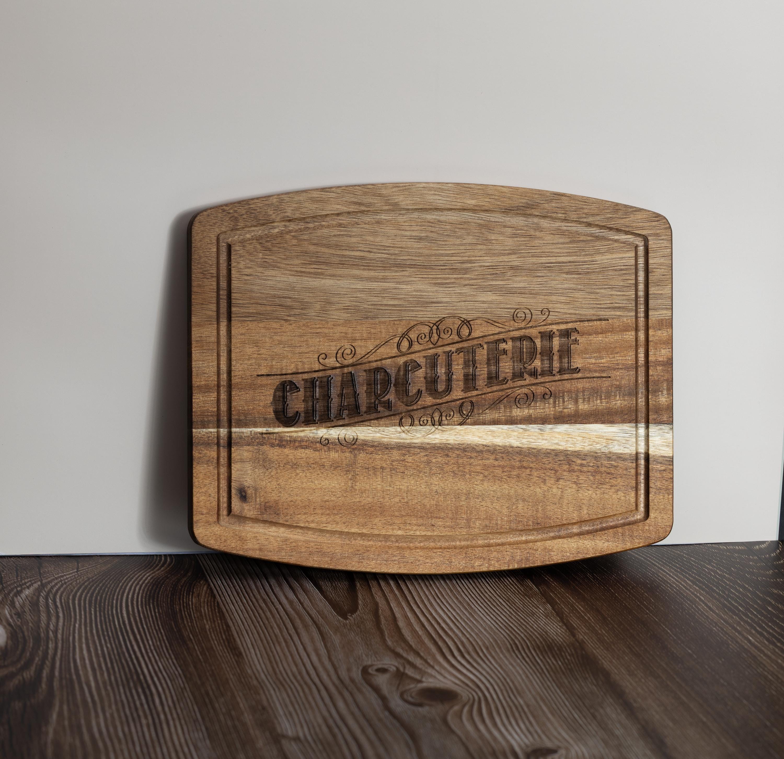 Laser engraved acacia wood charcuterie board - rustic serving tray (10x12)