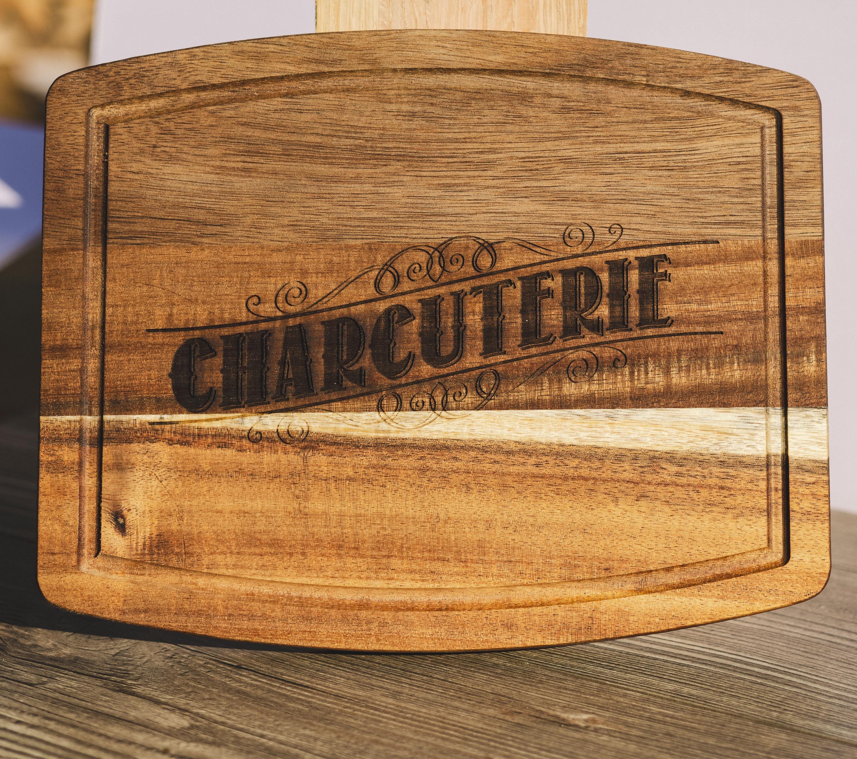 Laser engraved acacia wood charcuterie board - rustic serving tray (10x12)