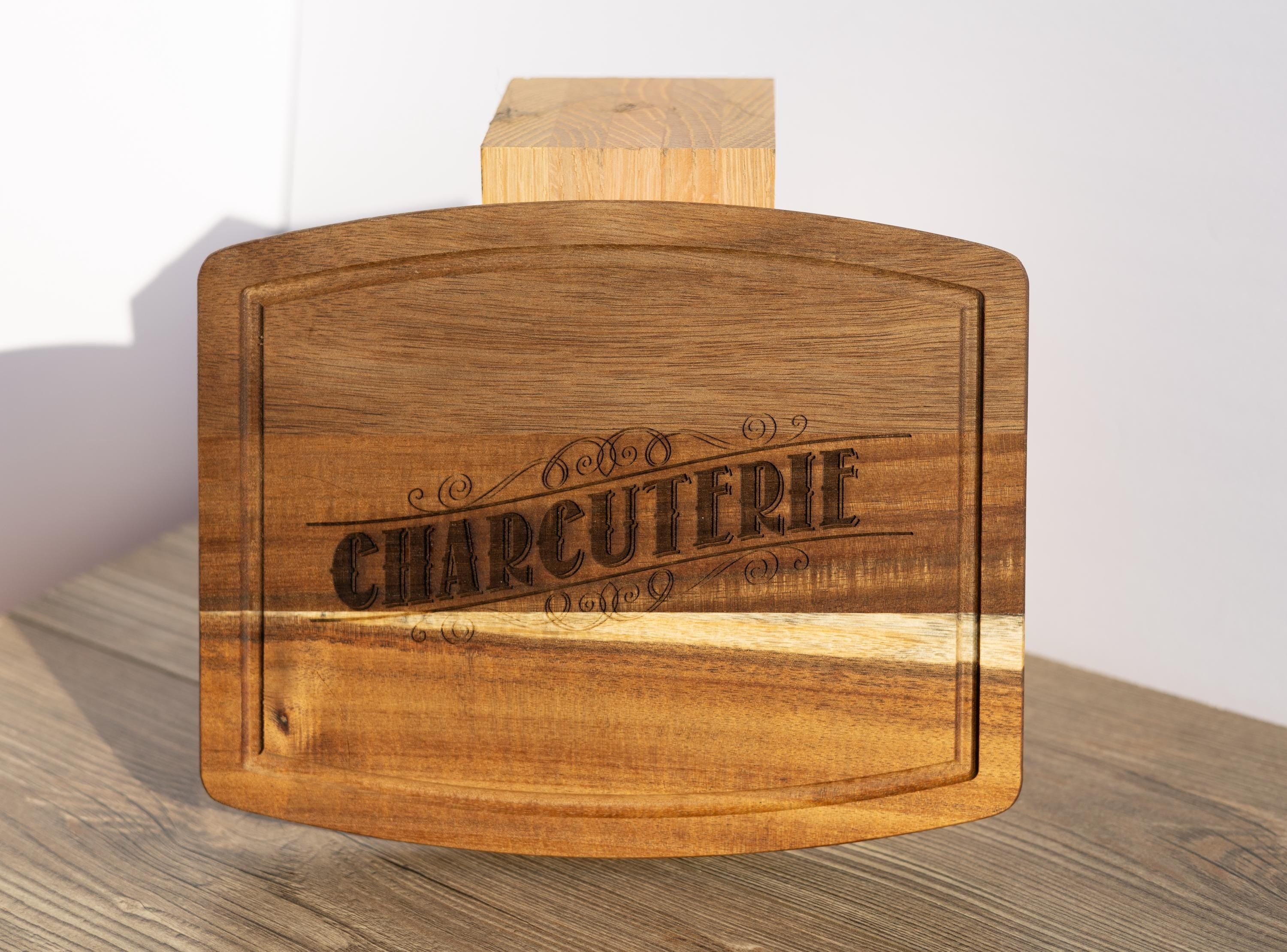 Laser engraved acacia wood charcuterie board - rustic serving tray (10x12)