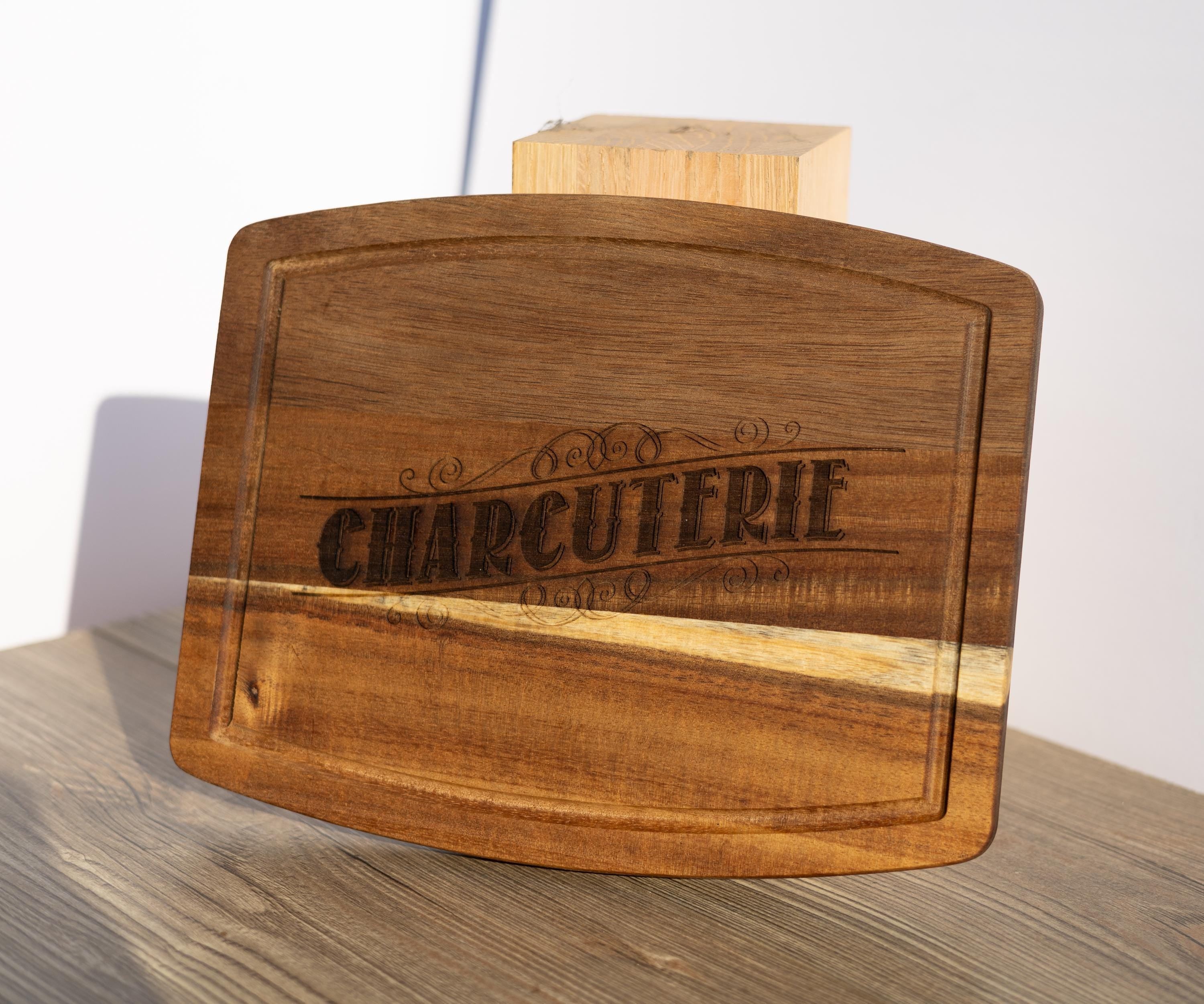 Laser engraved acacia wood charcuterie board - rustic serving tray (10x12)