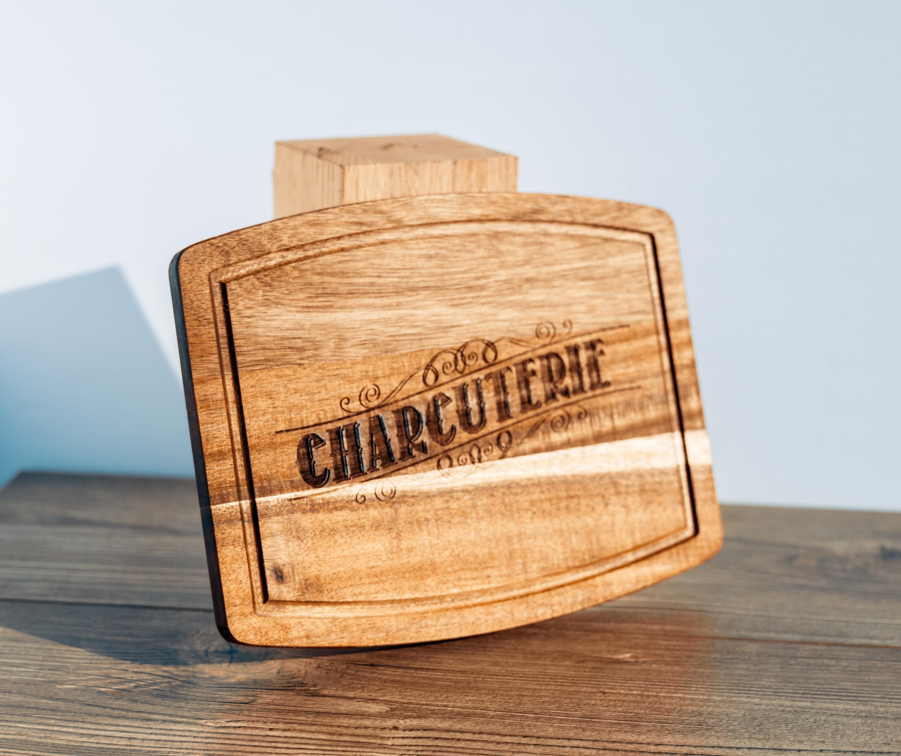 Laser engraved acacia wood charcuterie board - rustic serving tray (10x12)