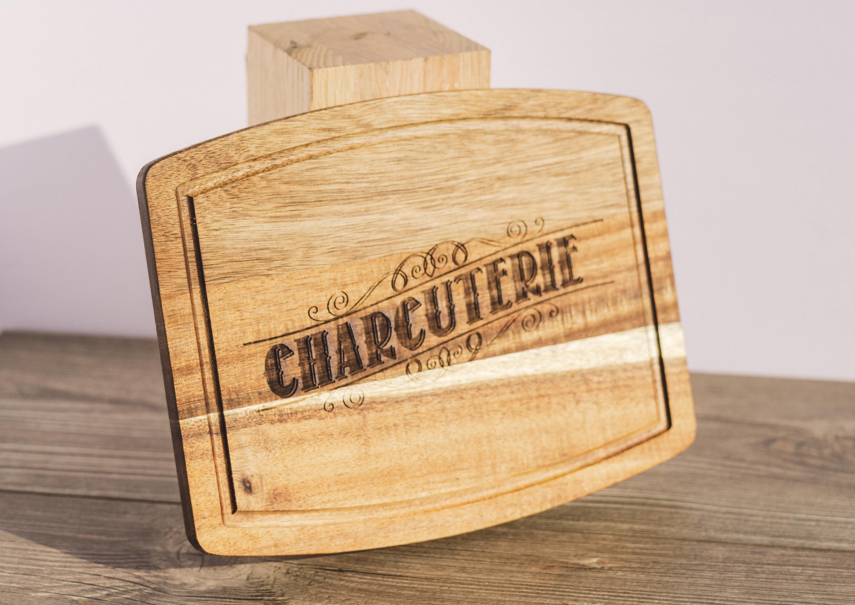 Laser engraved acacia wood charcuterie board - rustic serving tray (10x12)