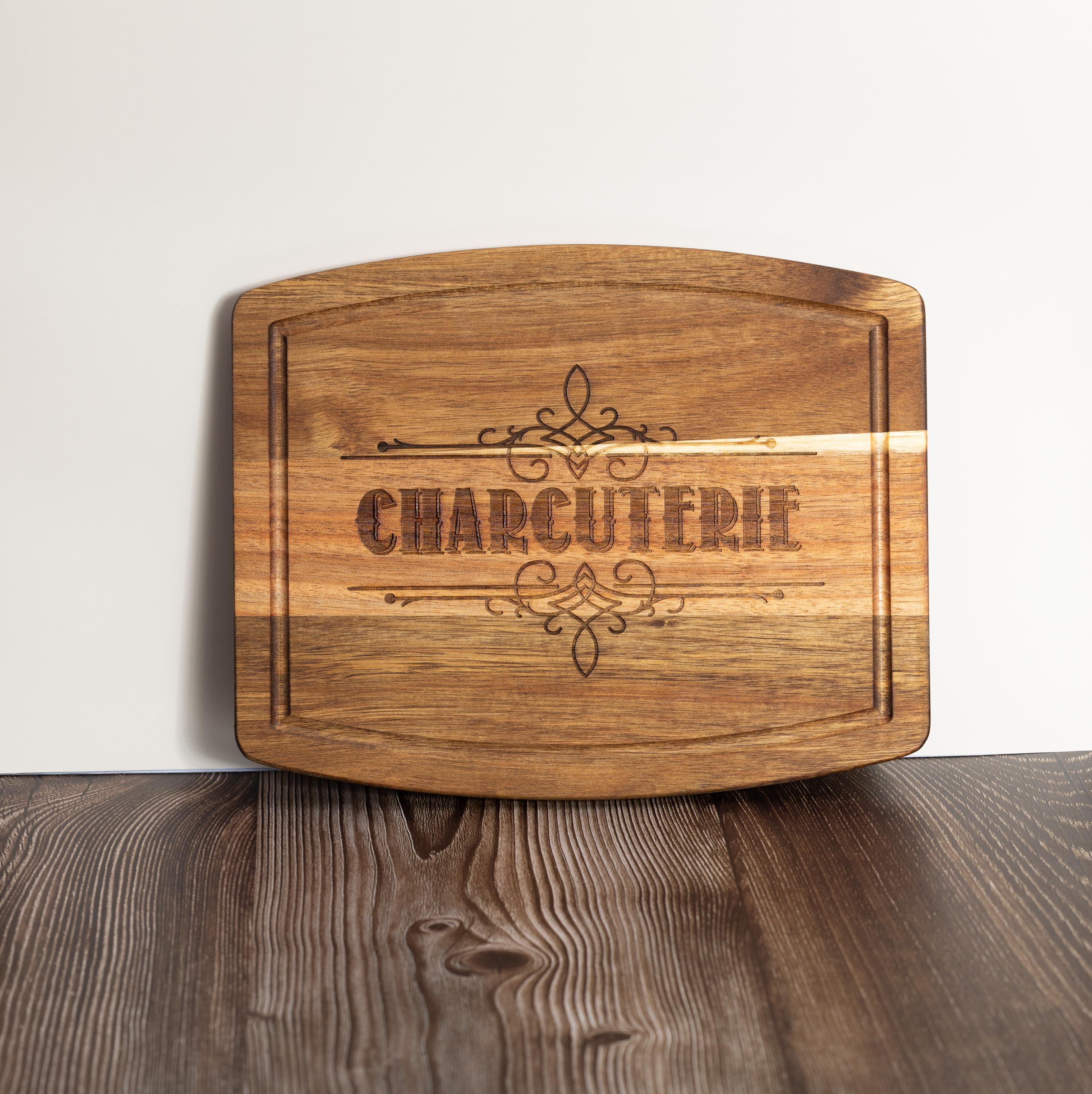 Acacia wood charcuterie board: rustic laser engraved serving tray (10x12)