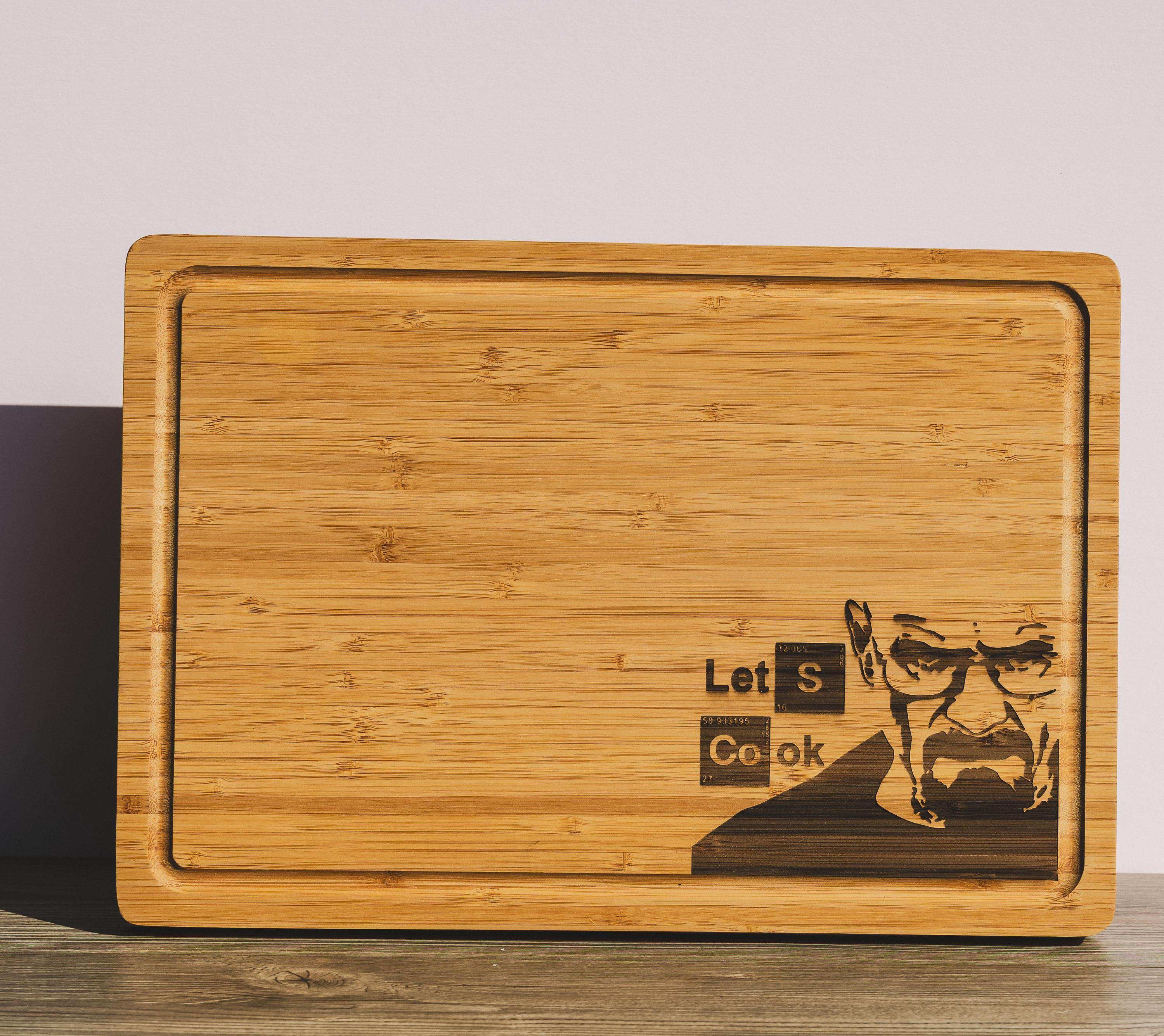 Breaking bad bamboo cutting board: "let's cook" laser engraved wood