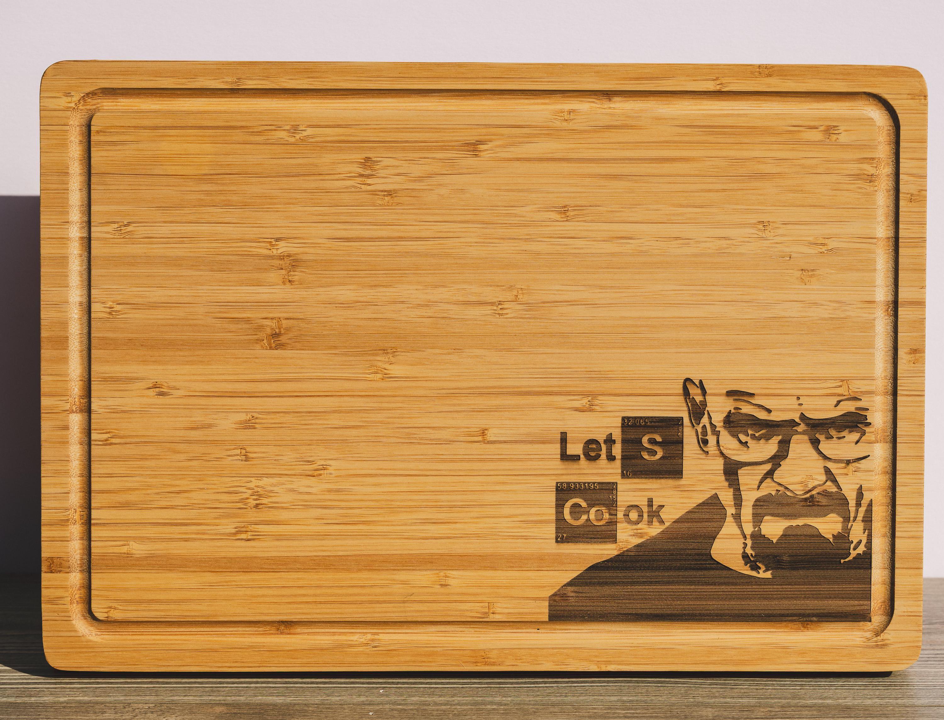 Breaking bad bamboo cutting board: "let's cook" laser engraved wood
