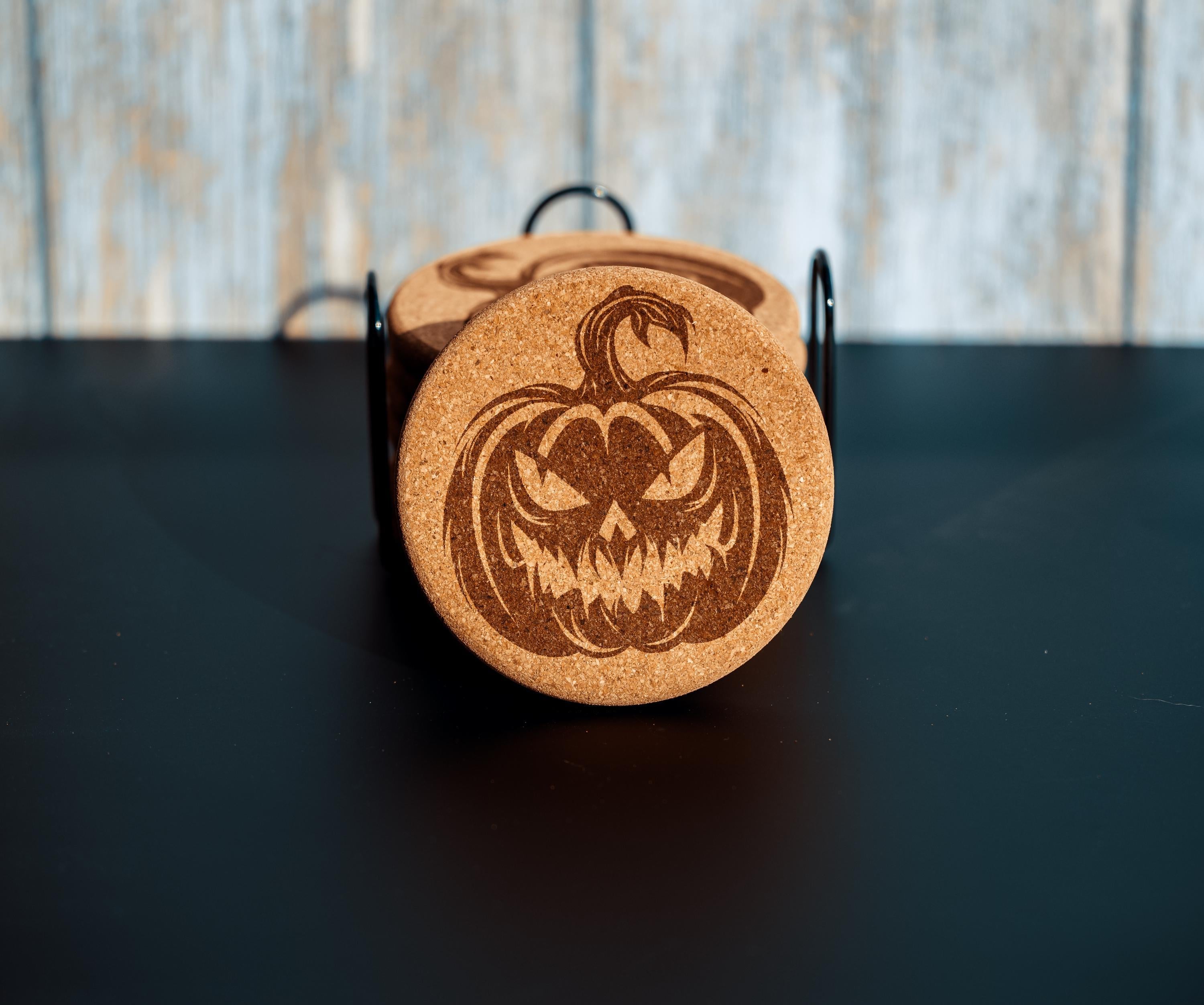 Halloween pumpkin cork coasters with holder: laser engraved fall decor