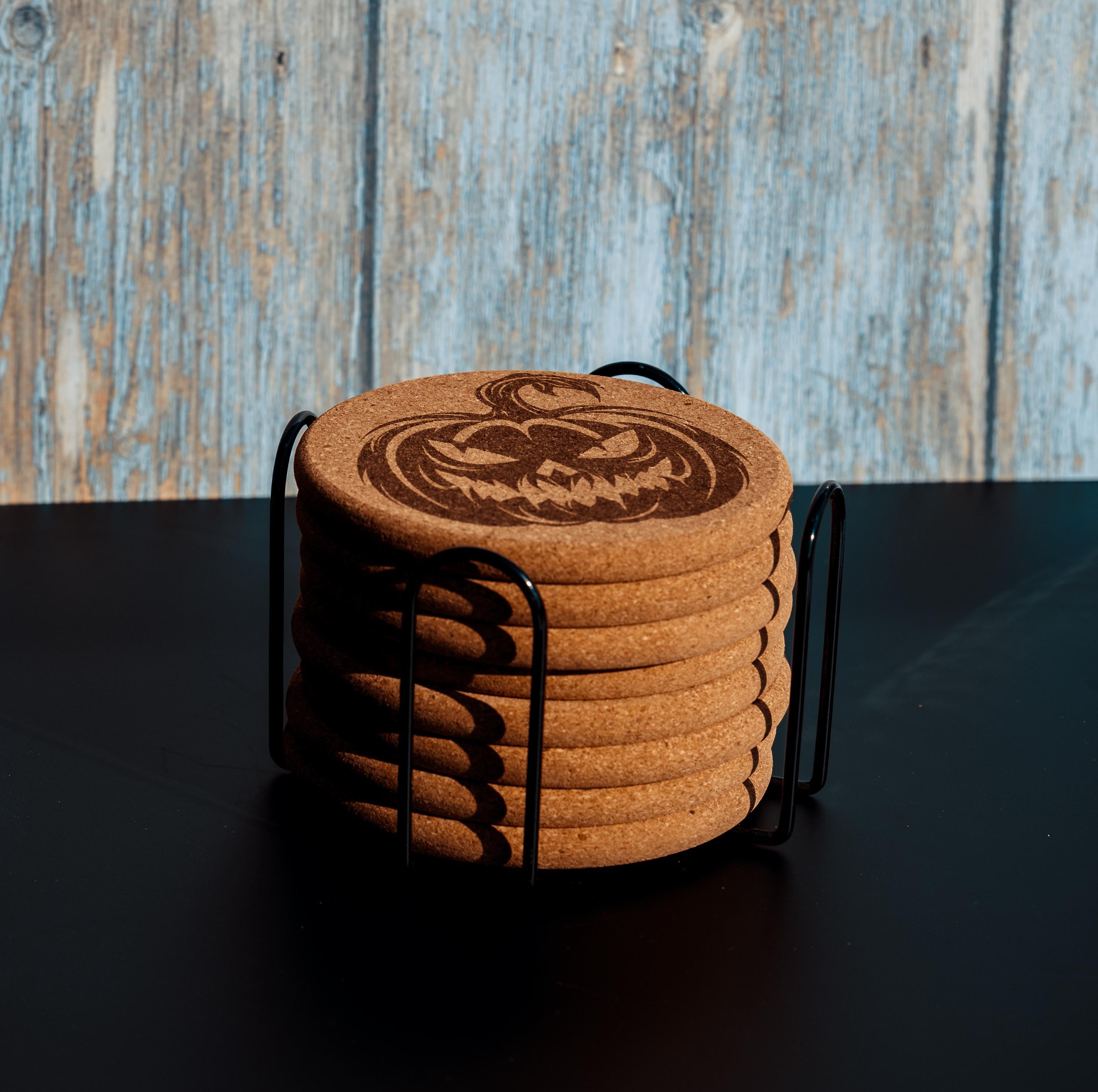 Halloween pumpkin cork coasters with holder: laser engraved fall decor