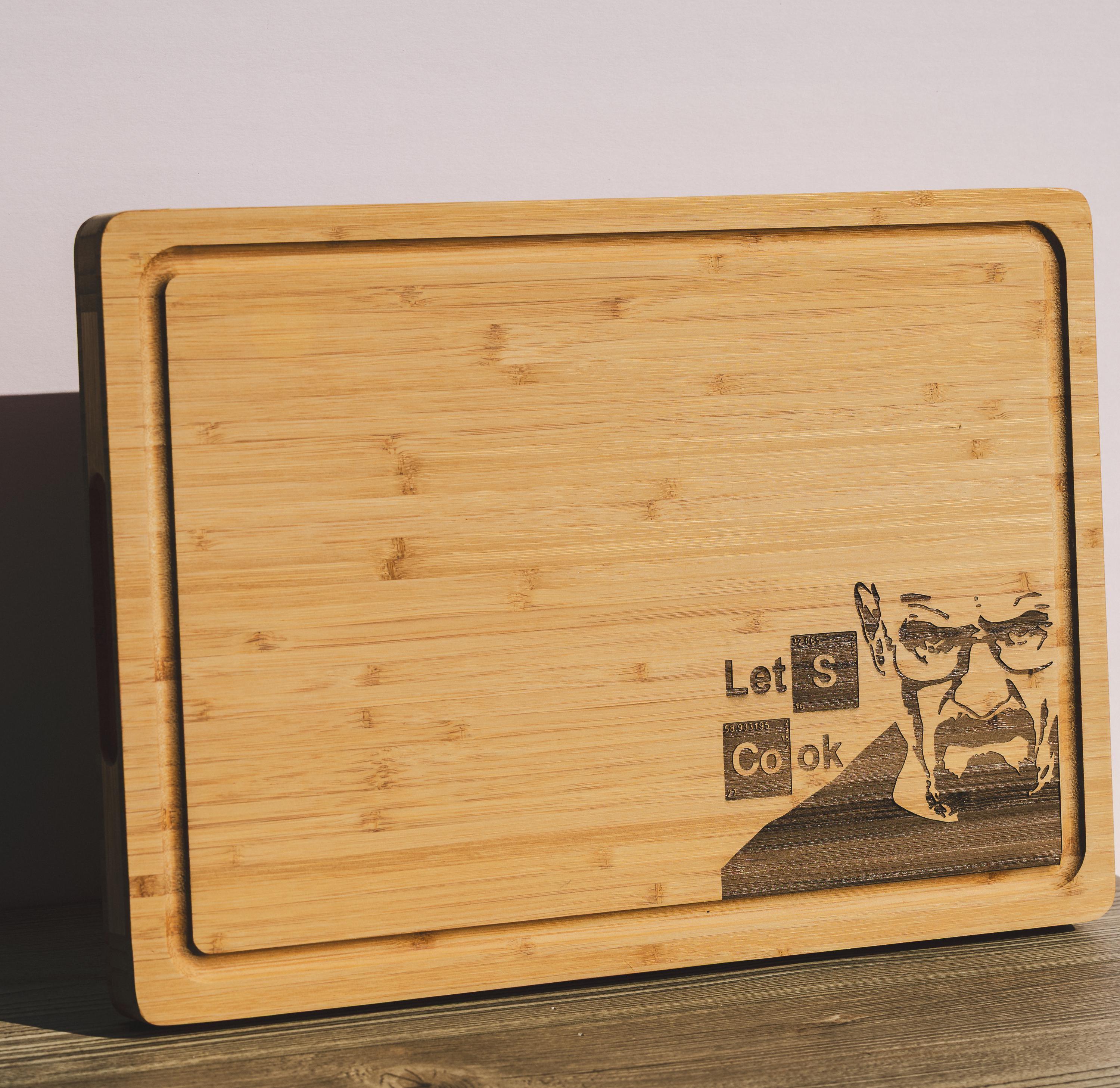 Breaking bad bamboo cutting board: "let's cook" laser engraved wood