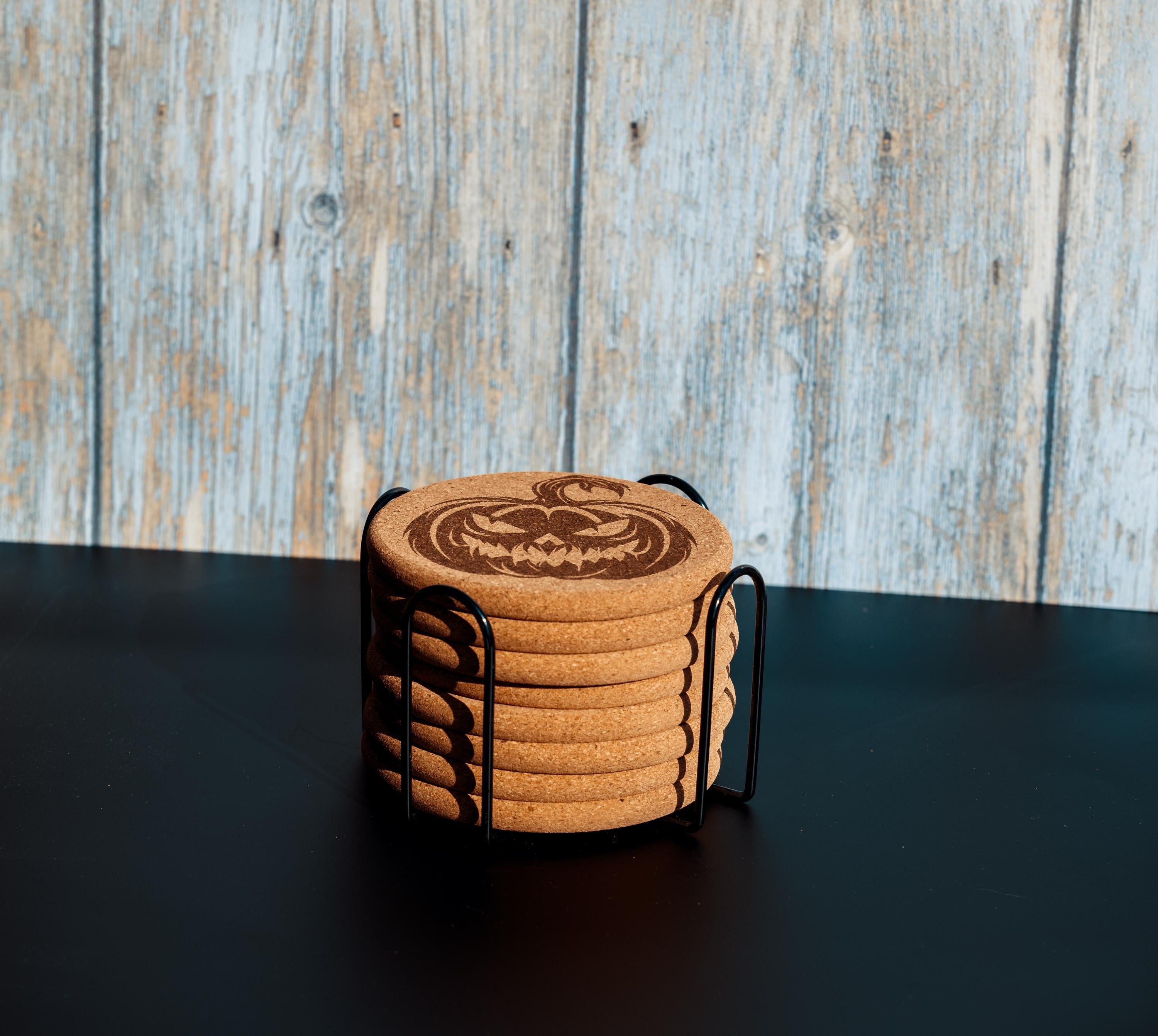 Halloween pumpkin cork coasters with holder: laser engraved fall decor