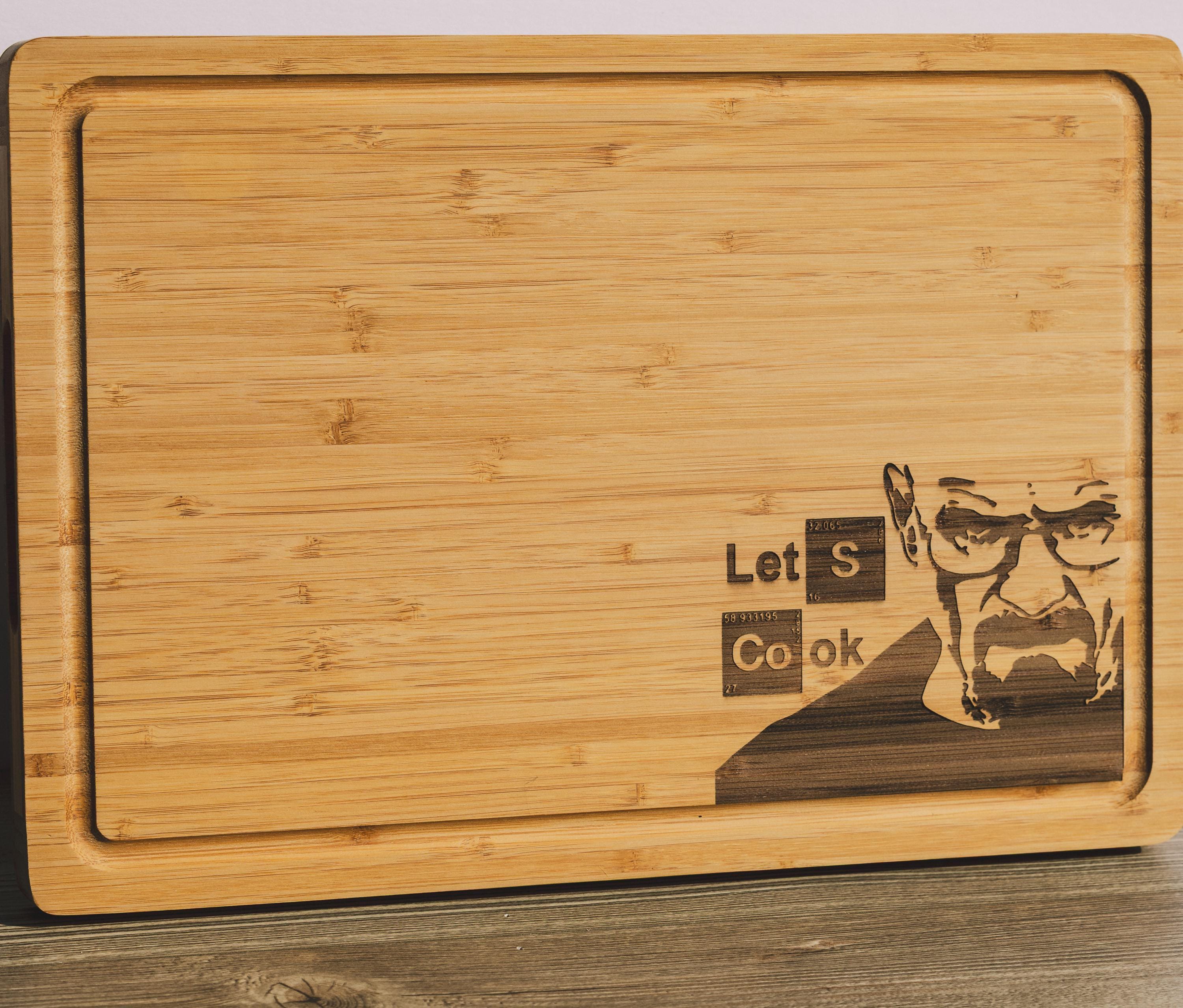 Breaking bad bamboo cutting board: "let's cook" laser engraved wood