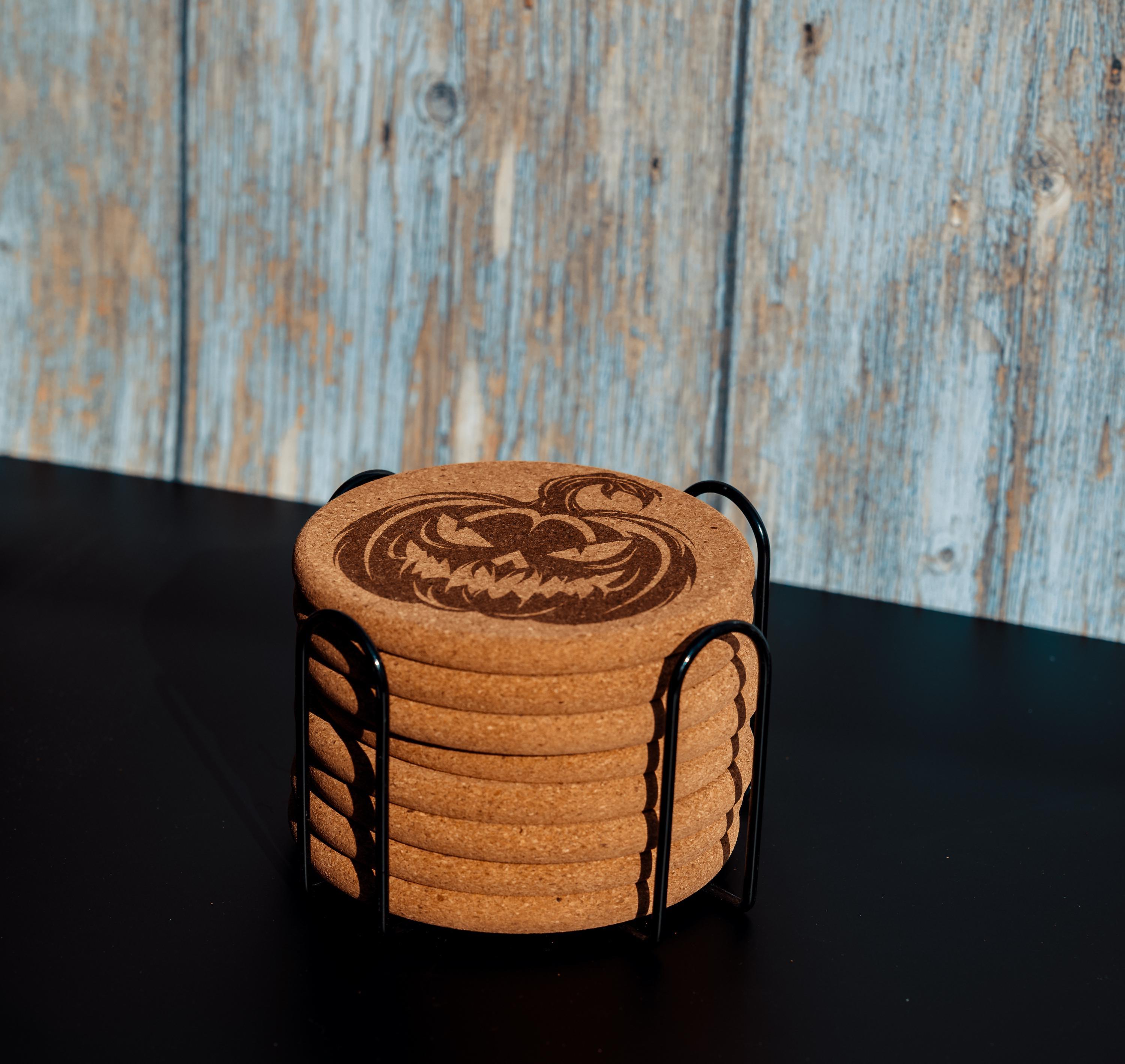Halloween pumpkin cork coasters with holder: laser engraved fall decor