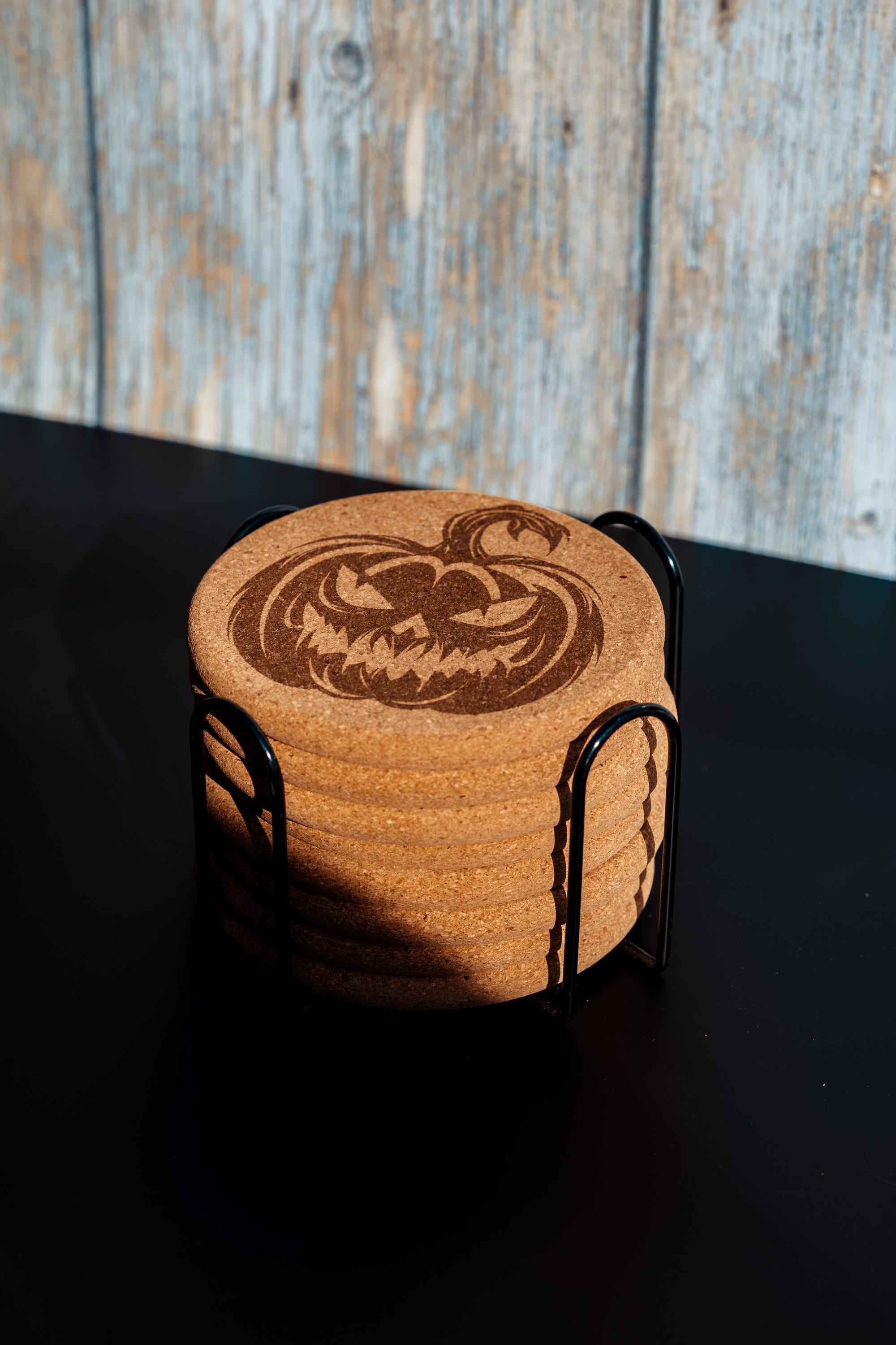 Halloween pumpkin cork coasters with holder: laser engraved fall decor