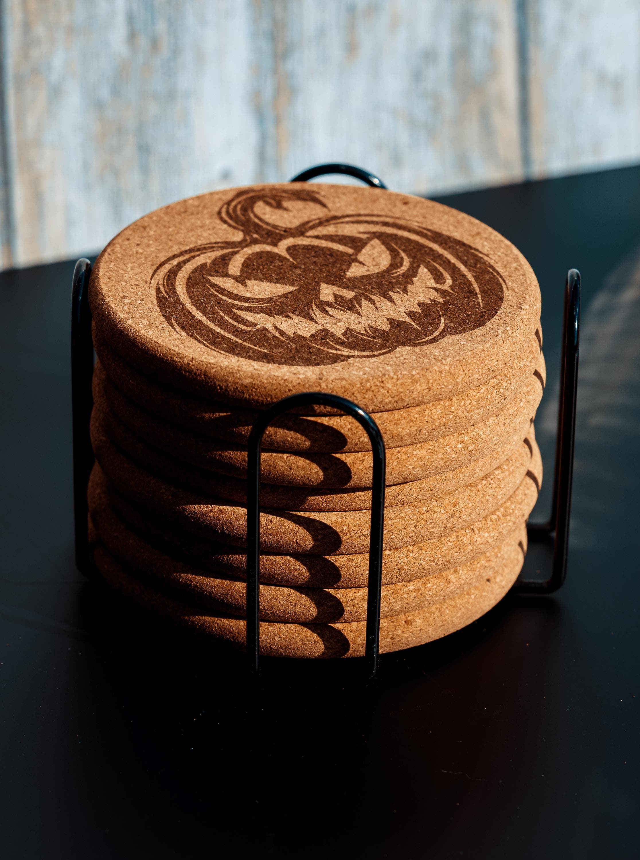 Halloween pumpkin cork coasters with holder: laser engraved fall decor
