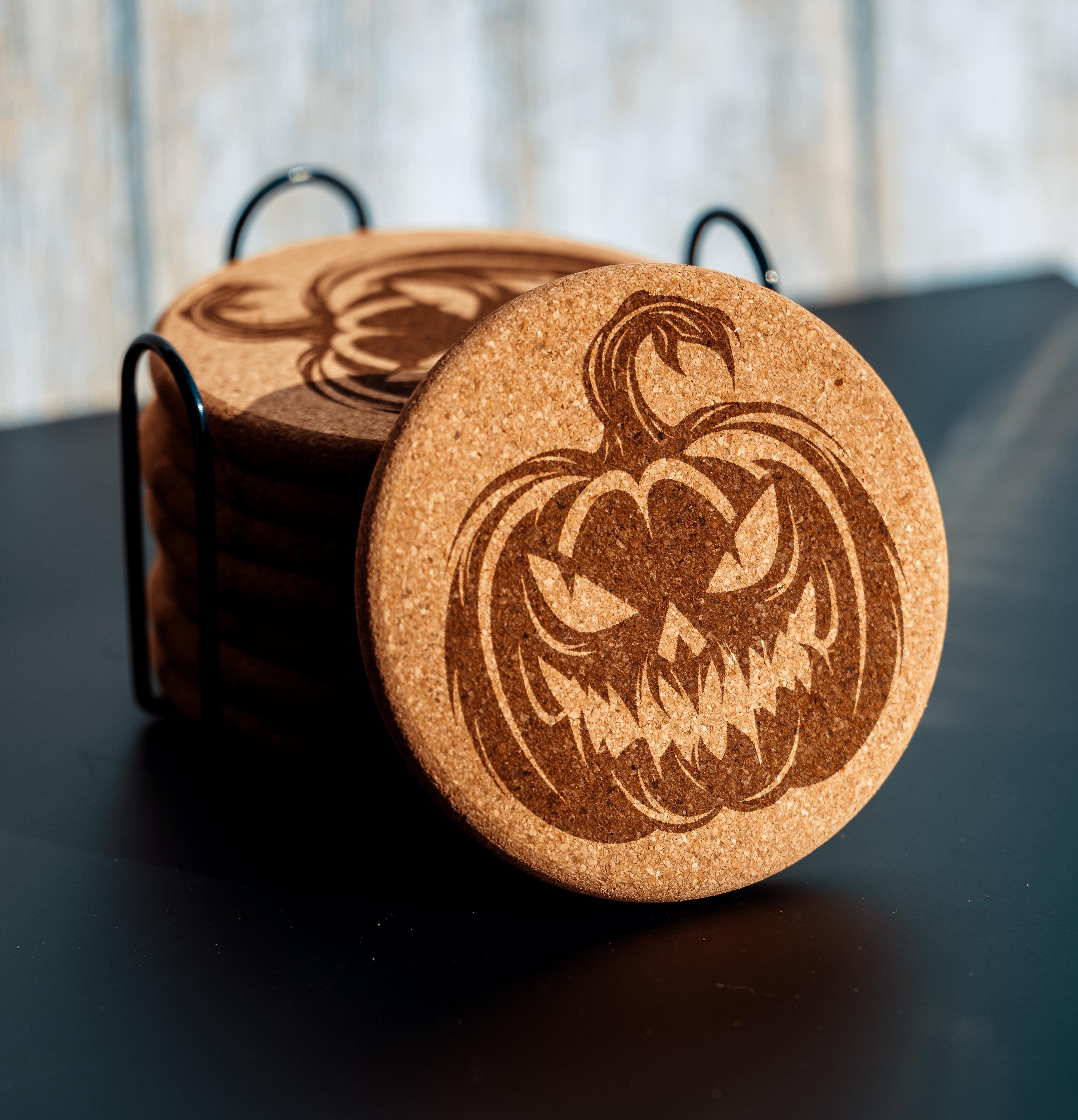 Halloween pumpkin cork coasters with holder: laser engraved fall decor