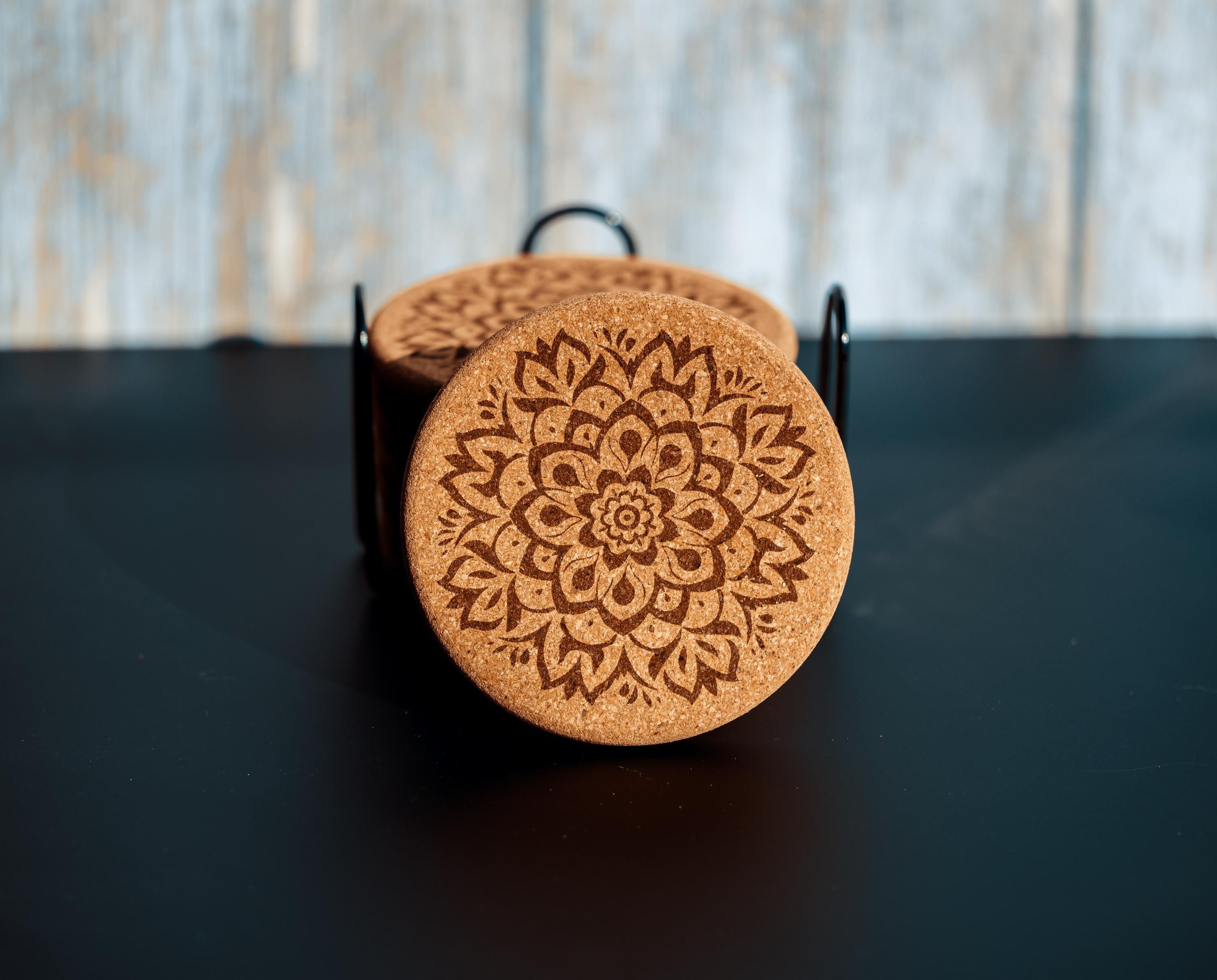 Mandala cork coaster set with holder: laser engraved boho decor