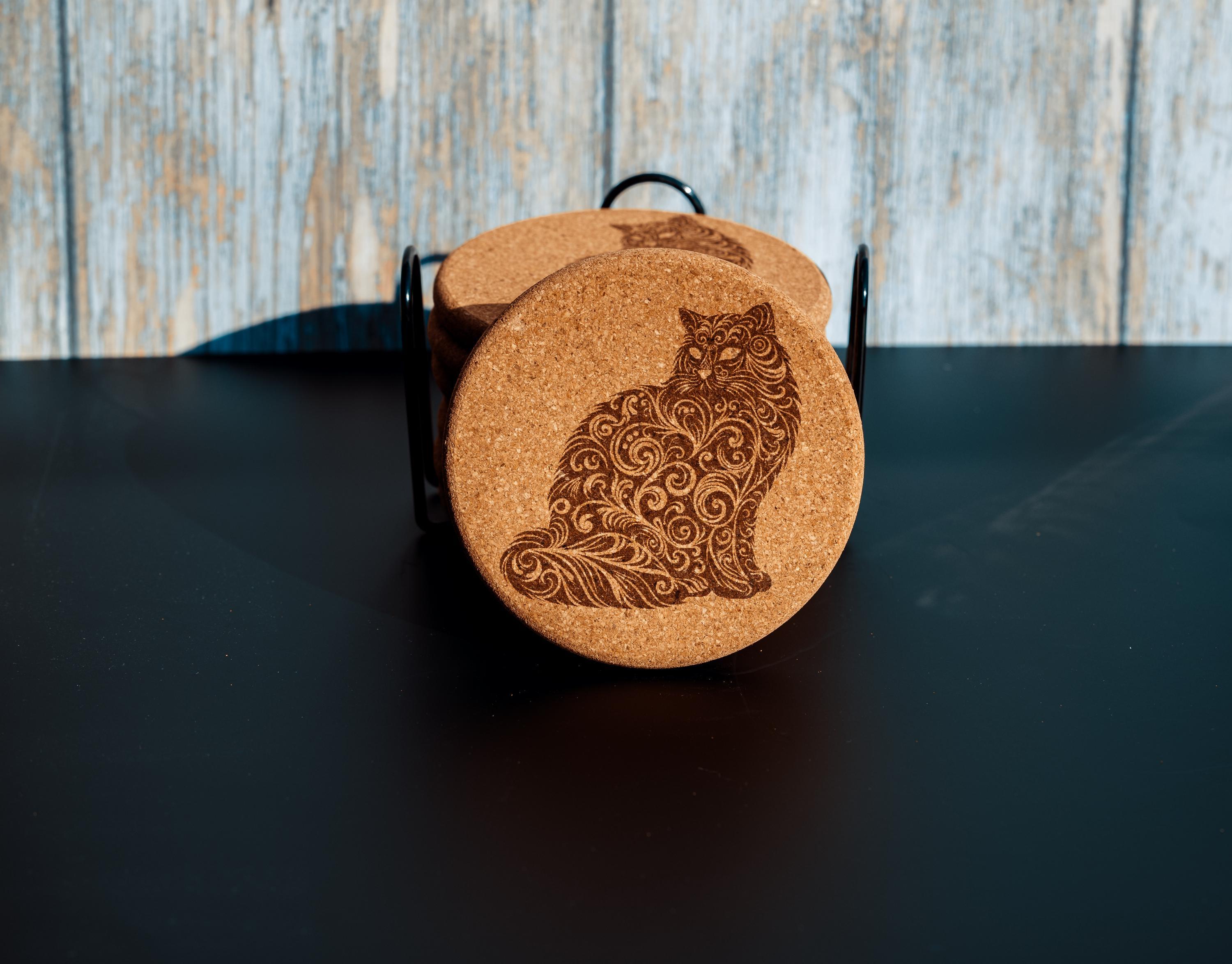 Laser engraved cat cork coaster set with holder - absorbent drink coasters