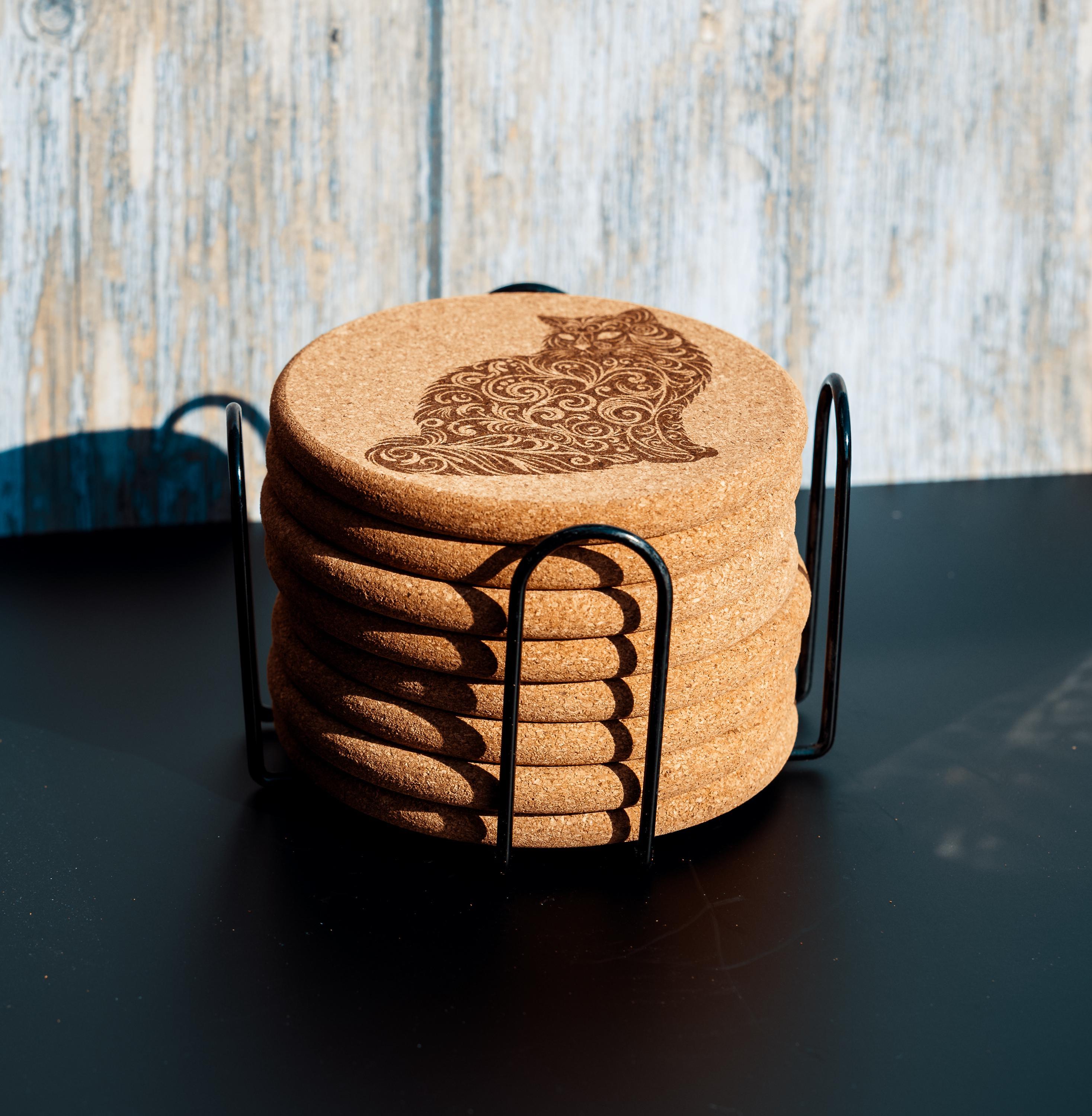 Laser engraved cat cork coaster set with holder - absorbent drink coasters