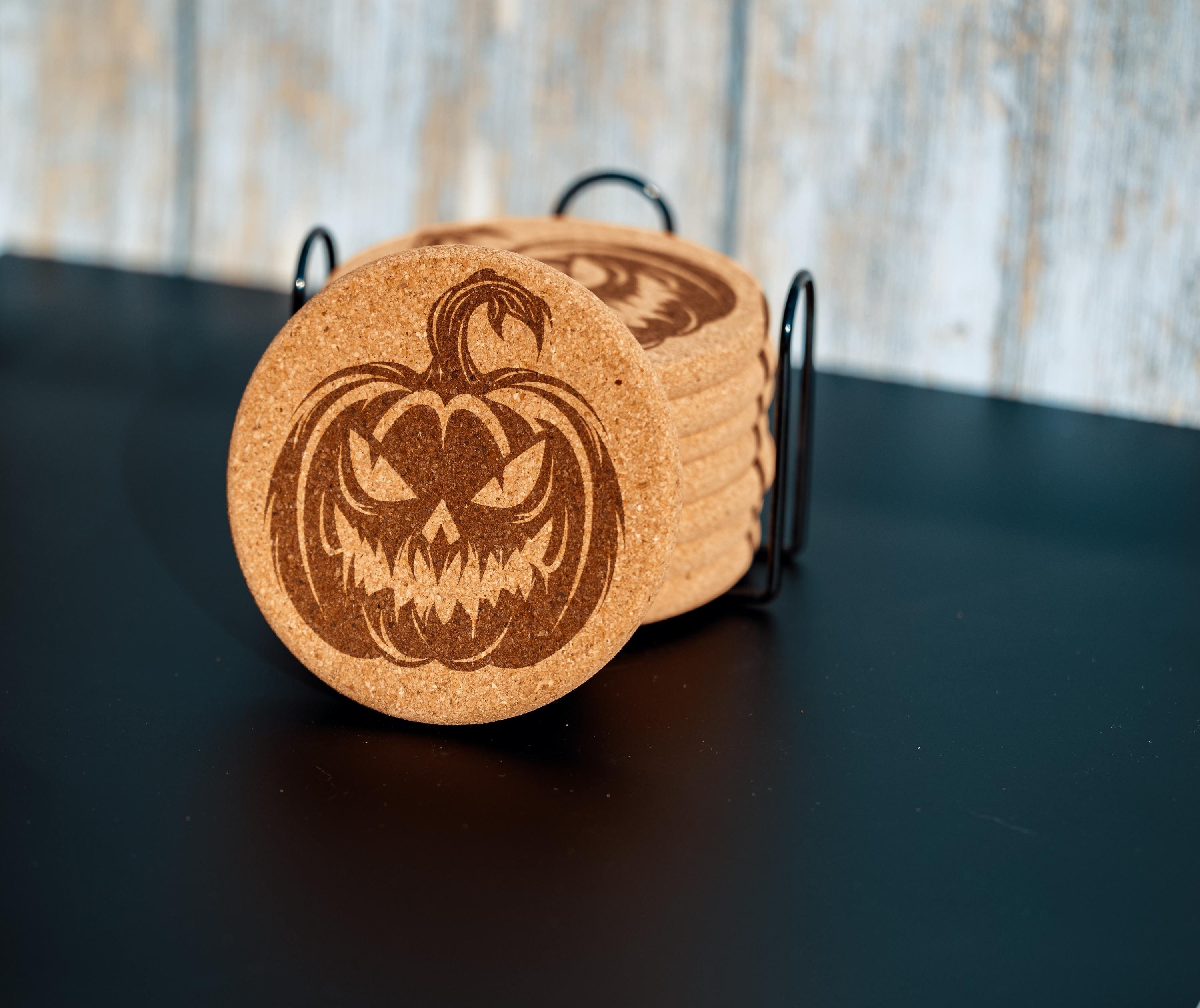Halloween pumpkin cork coasters with holder: laser engraved fall decor