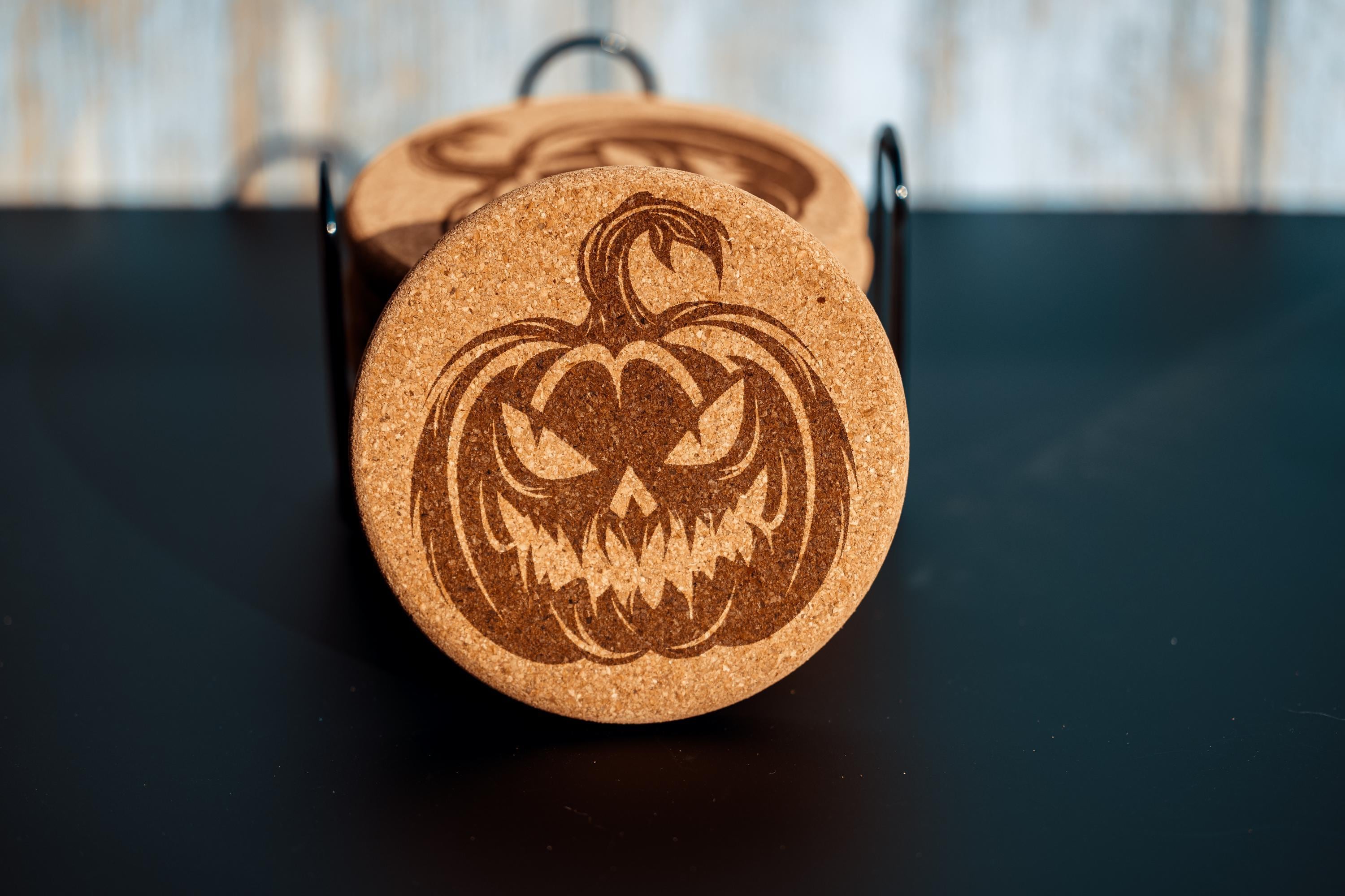 Halloween pumpkin cork coasters with holder: laser engraved fall decor