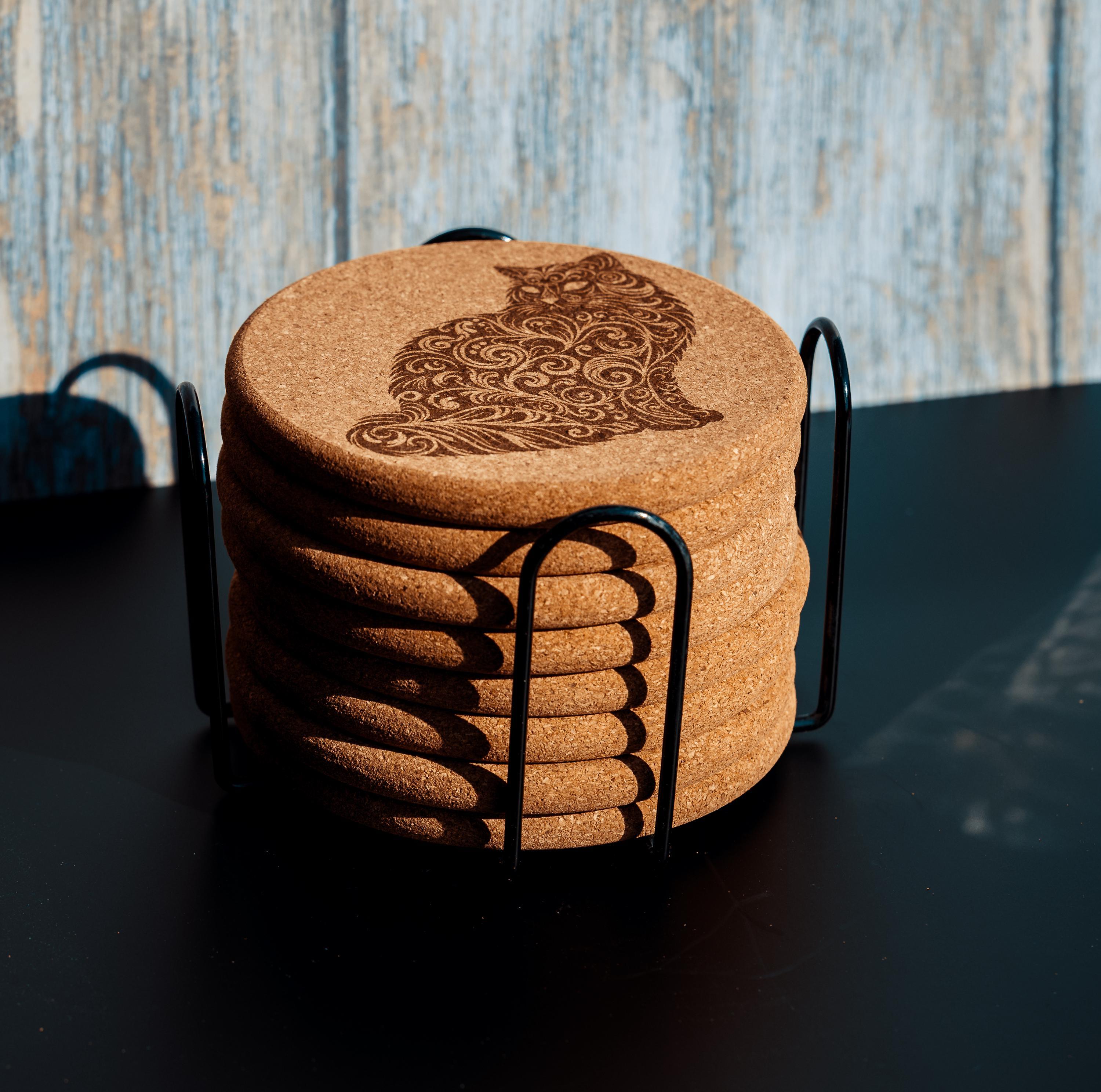 Laser engraved cat cork coaster set with holder - absorbent drink coasters