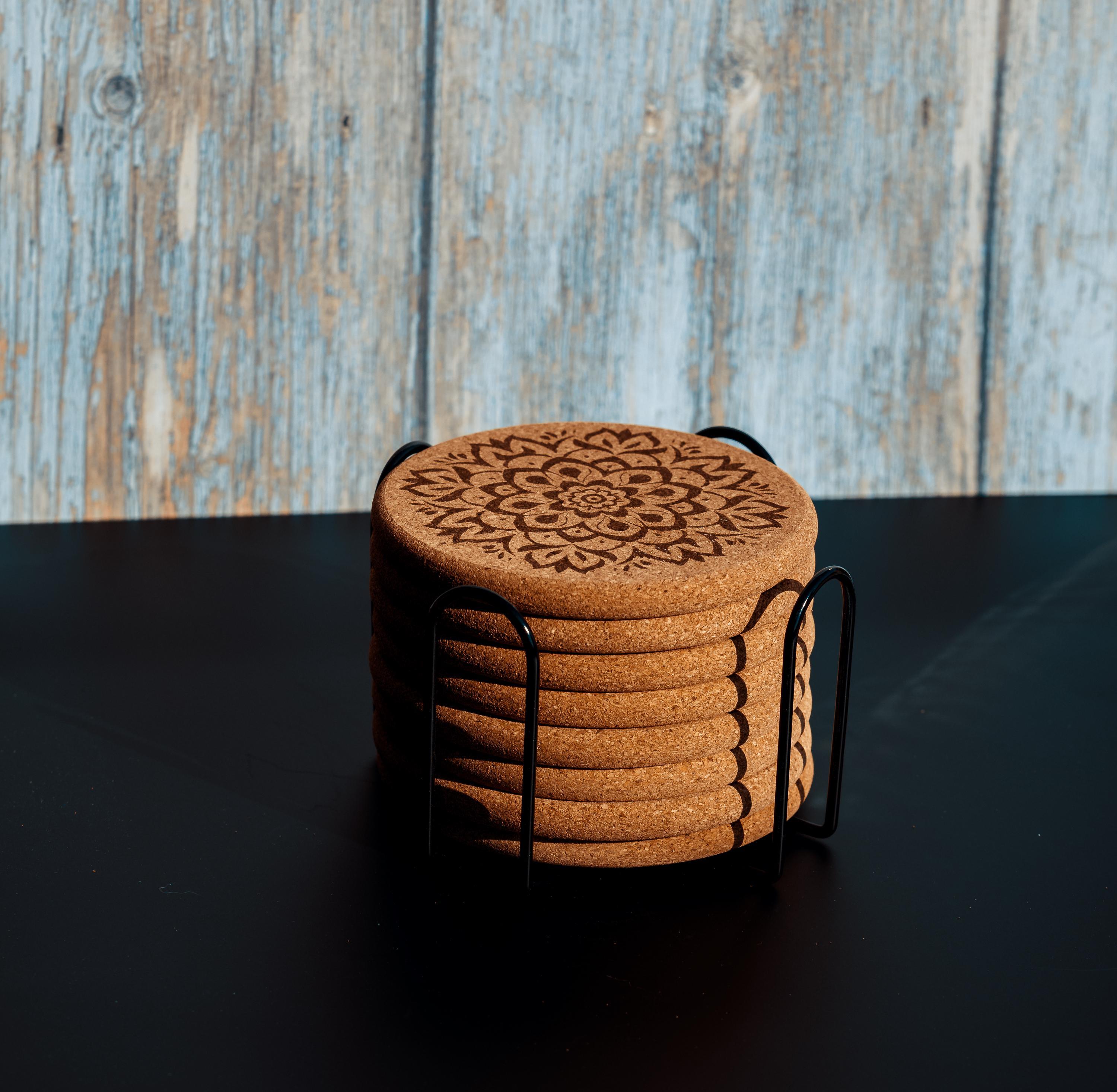 Mandala cork coaster set with holder: laser engraved boho decor