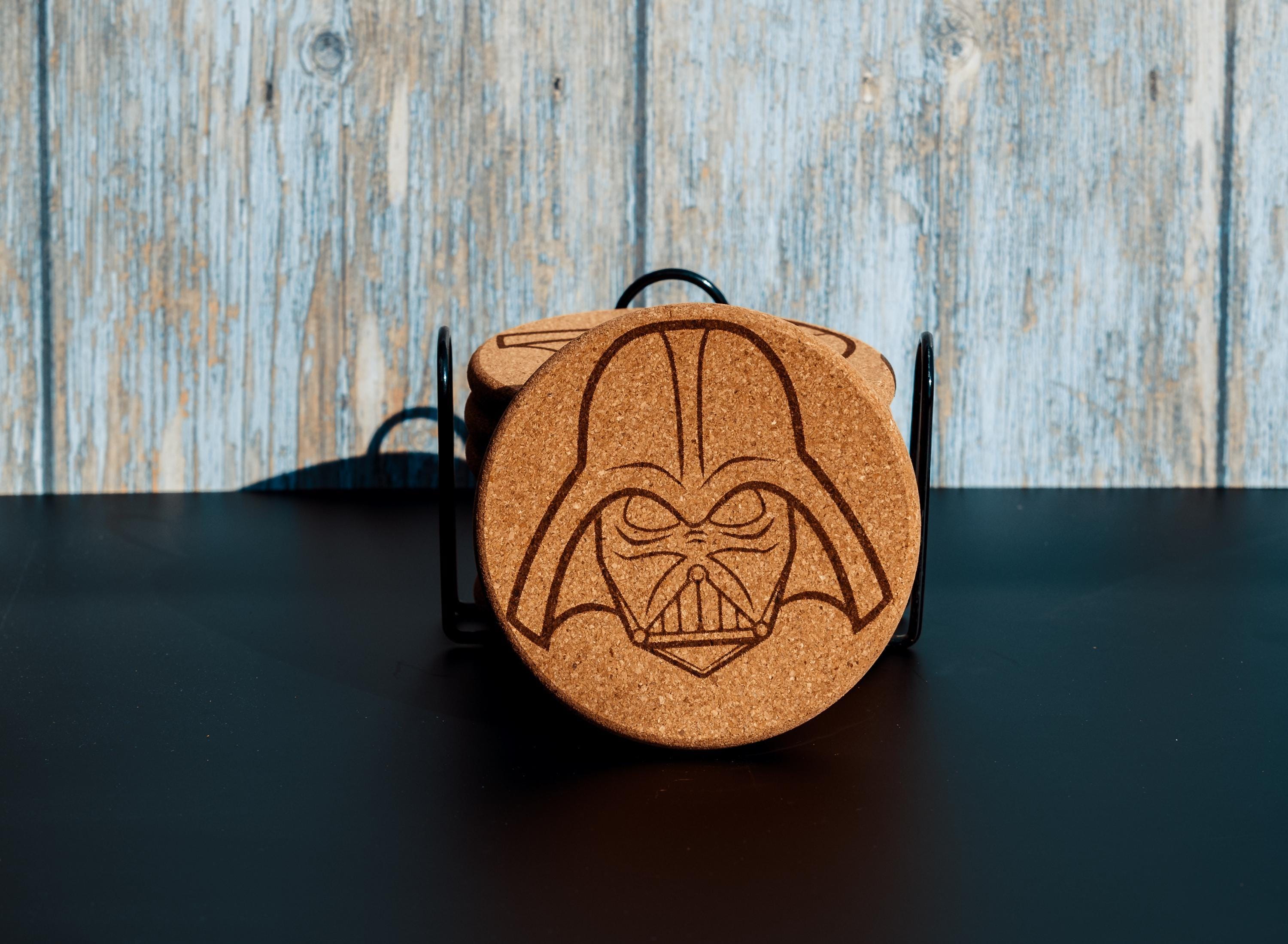 Darth vader cork coaster set with holder - star wars engraved geek decor
