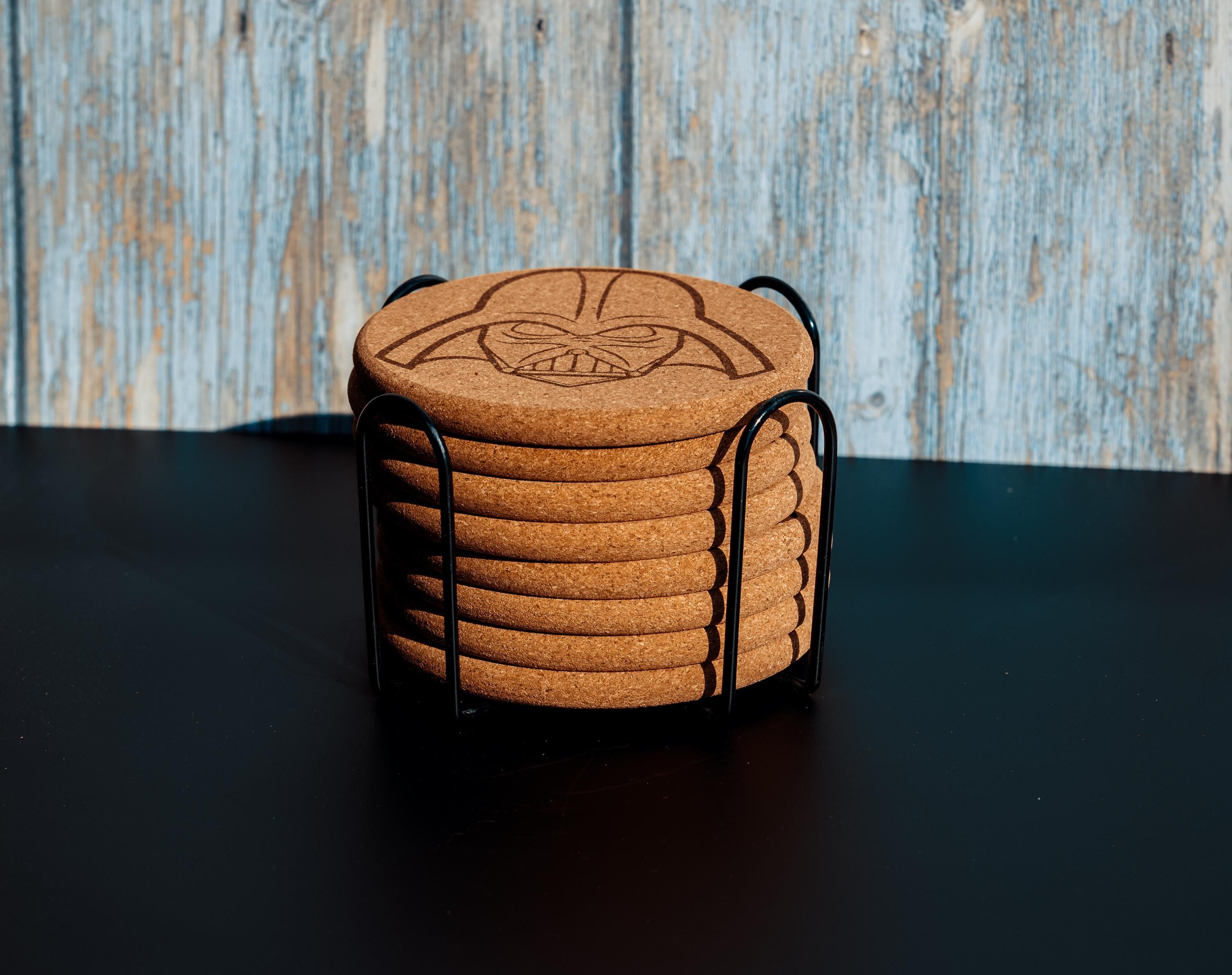 Darth vader cork coaster set with holder - star wars engraved geek decor