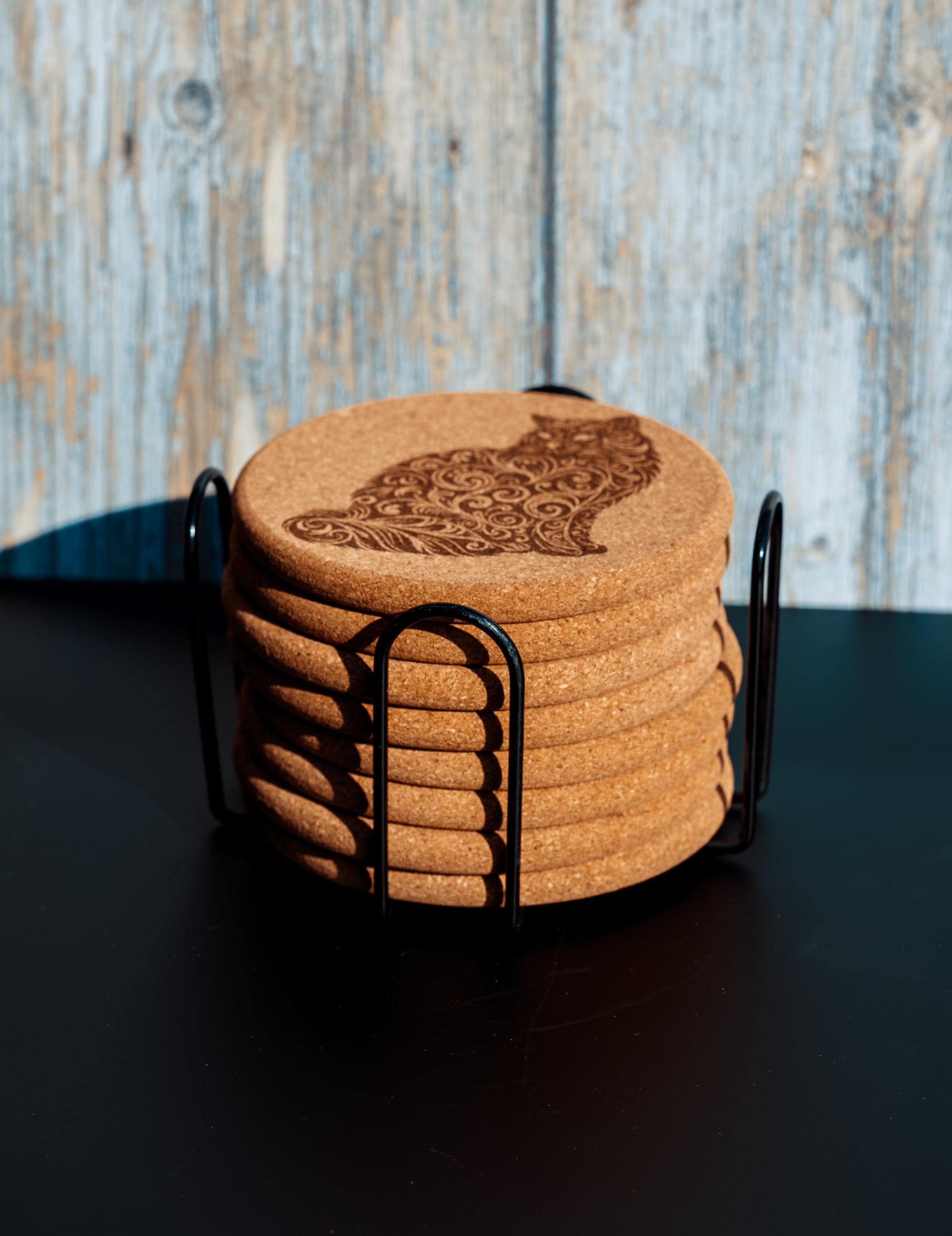 Laser engraved cat cork coaster set with holder - absorbent drink coasters