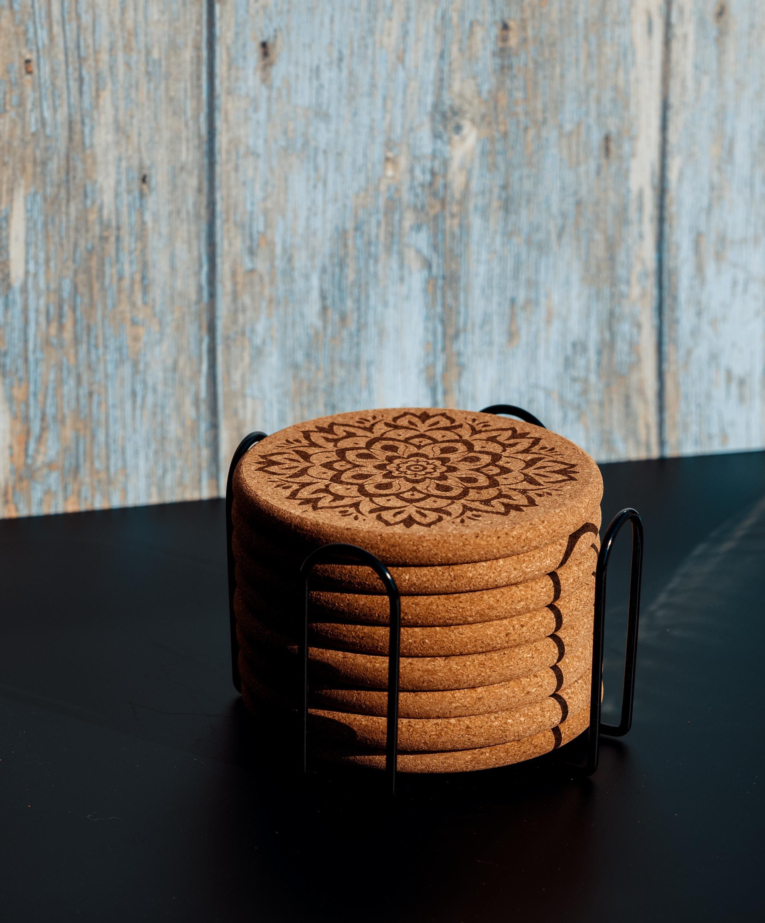 Mandala cork coaster set with holder: laser engraved boho decor