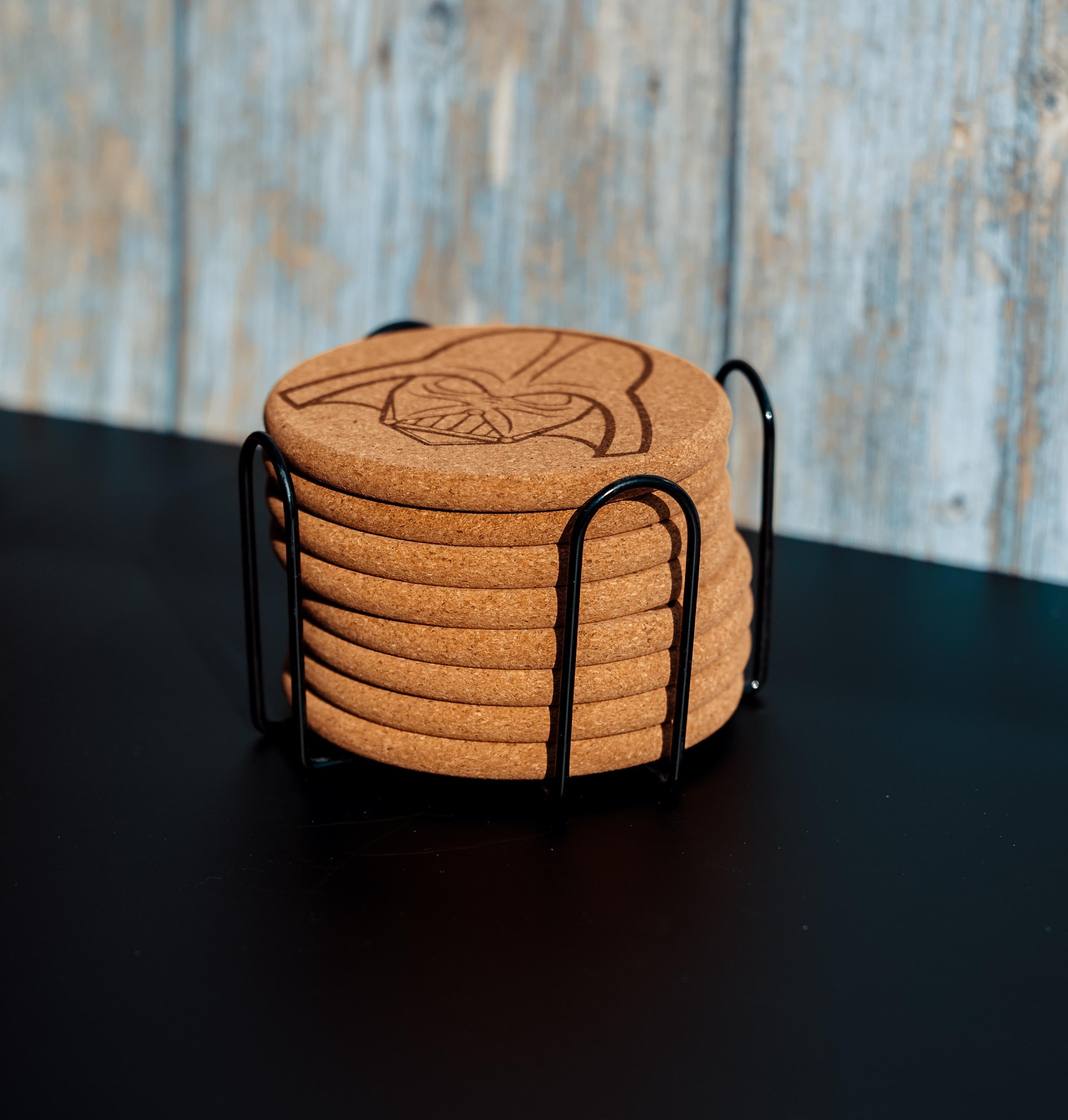 Darth vader cork coaster set with holder - star wars engraved geek decor