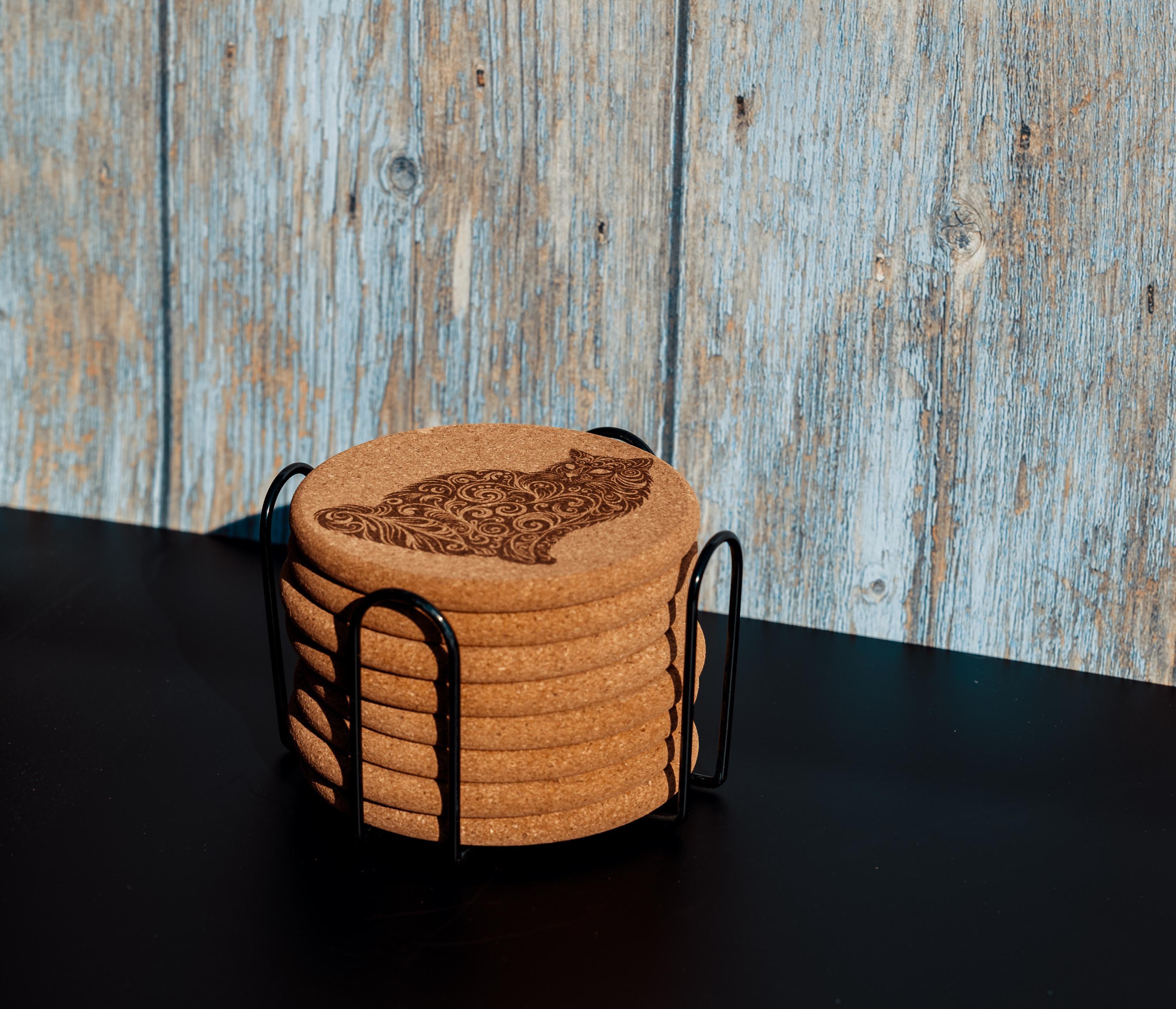 Laser engraved cat cork coaster set with holder - absorbent drink coasters