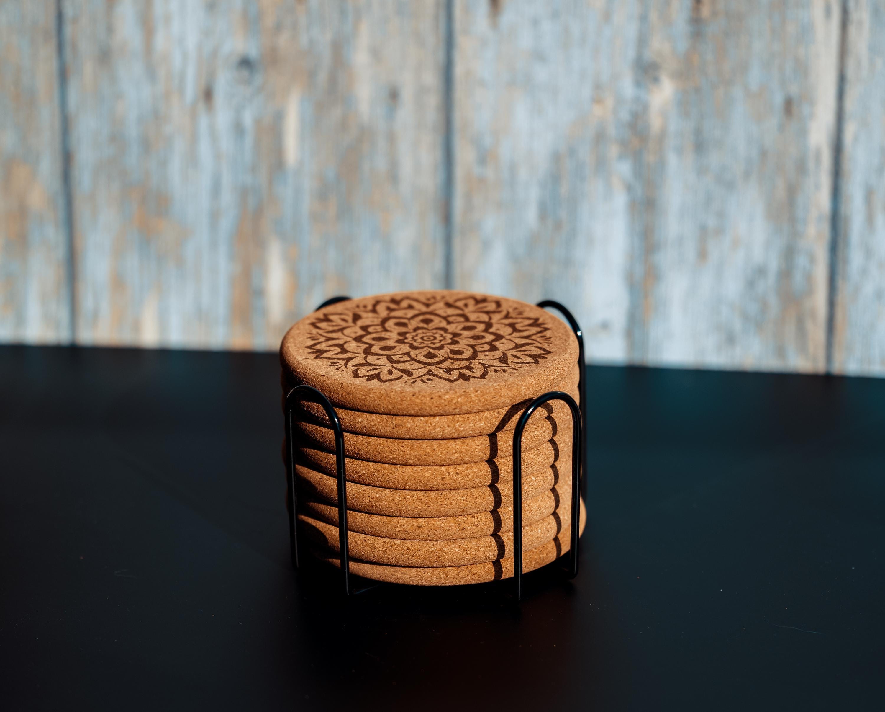 Mandala cork coaster set with holder: laser engraved boho decor