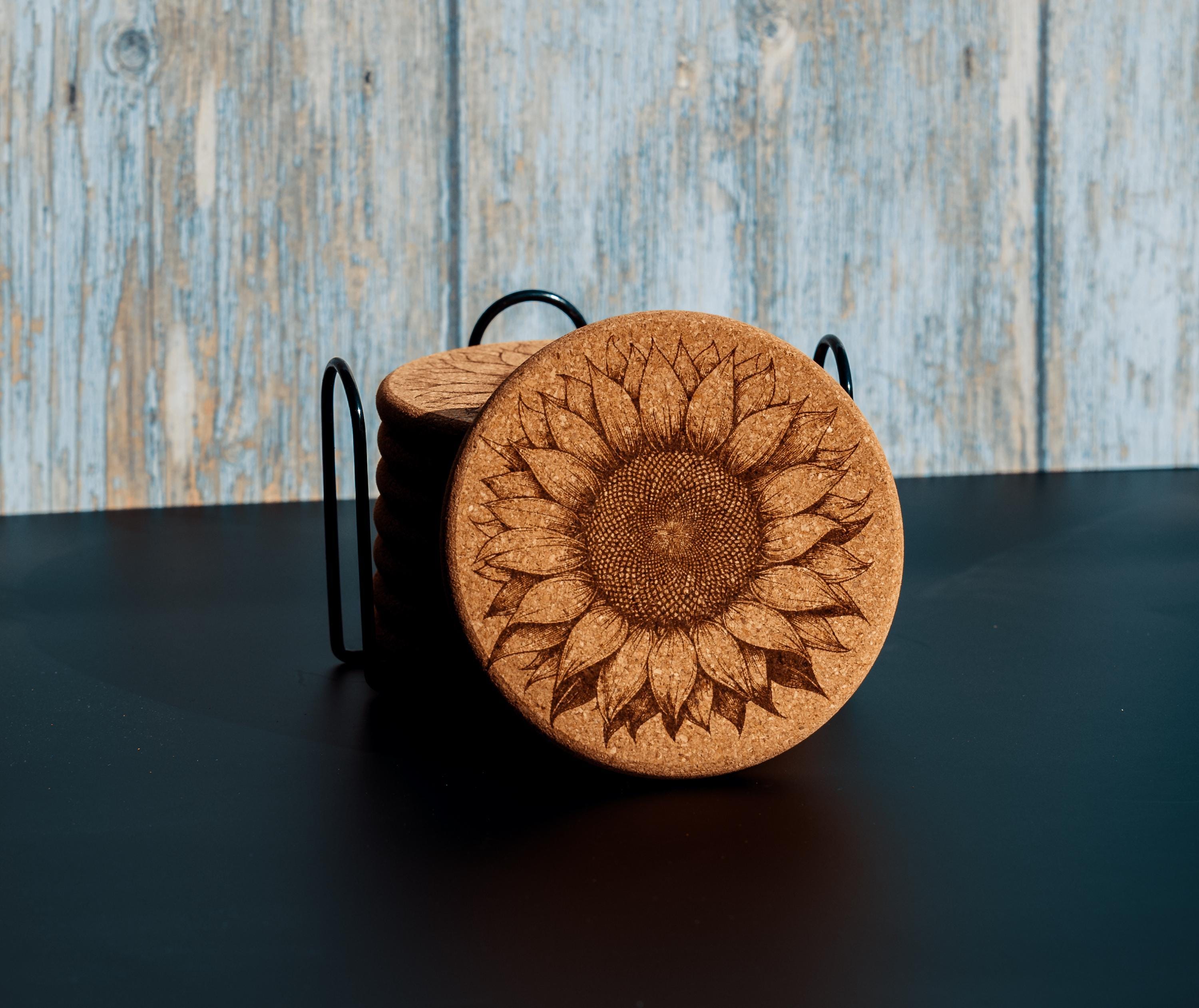 Sunflower cork coaster set with holder - laser engraved boho decor