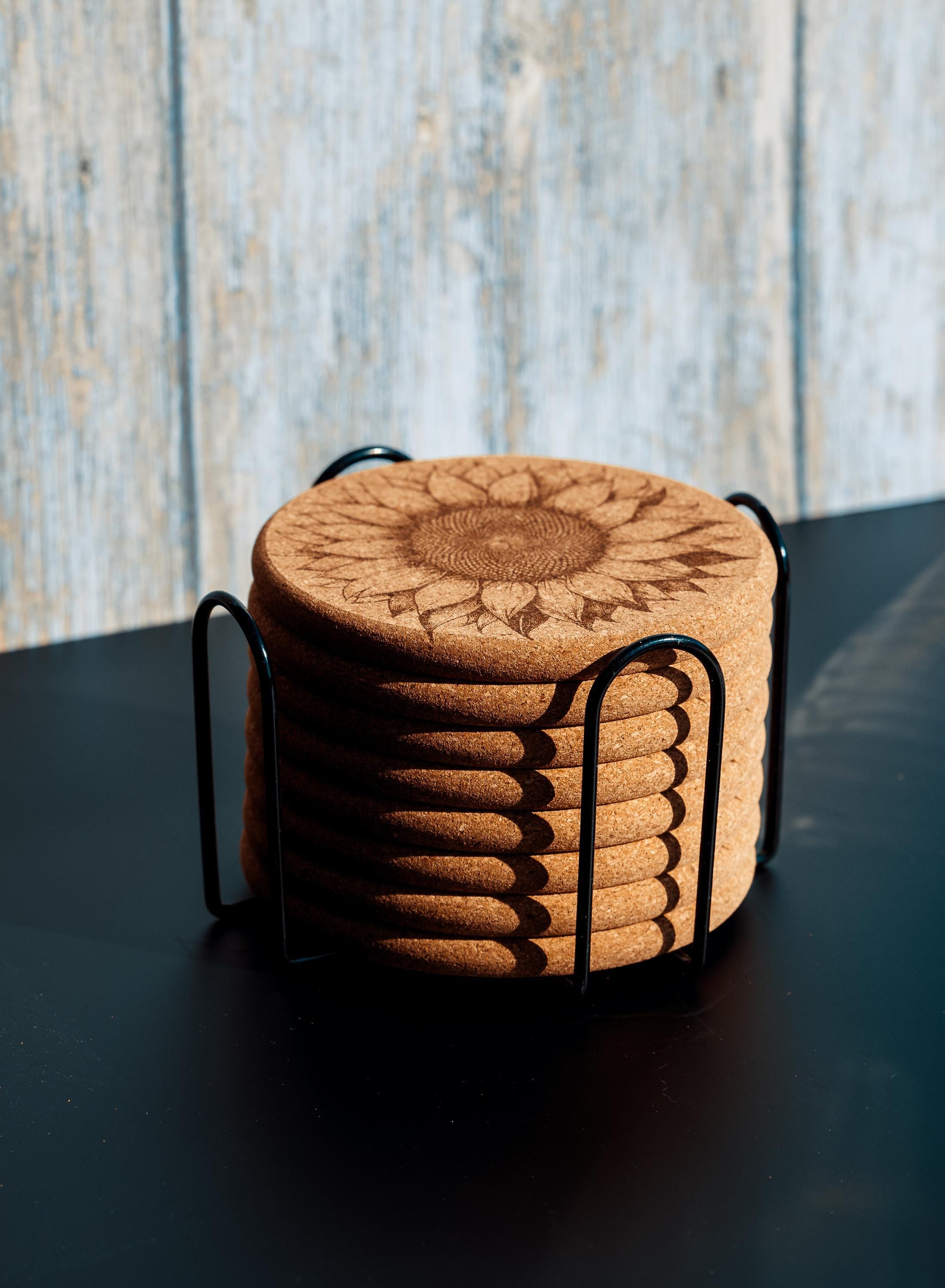 Sunflower cork coaster set with holder - laser engraved boho decor