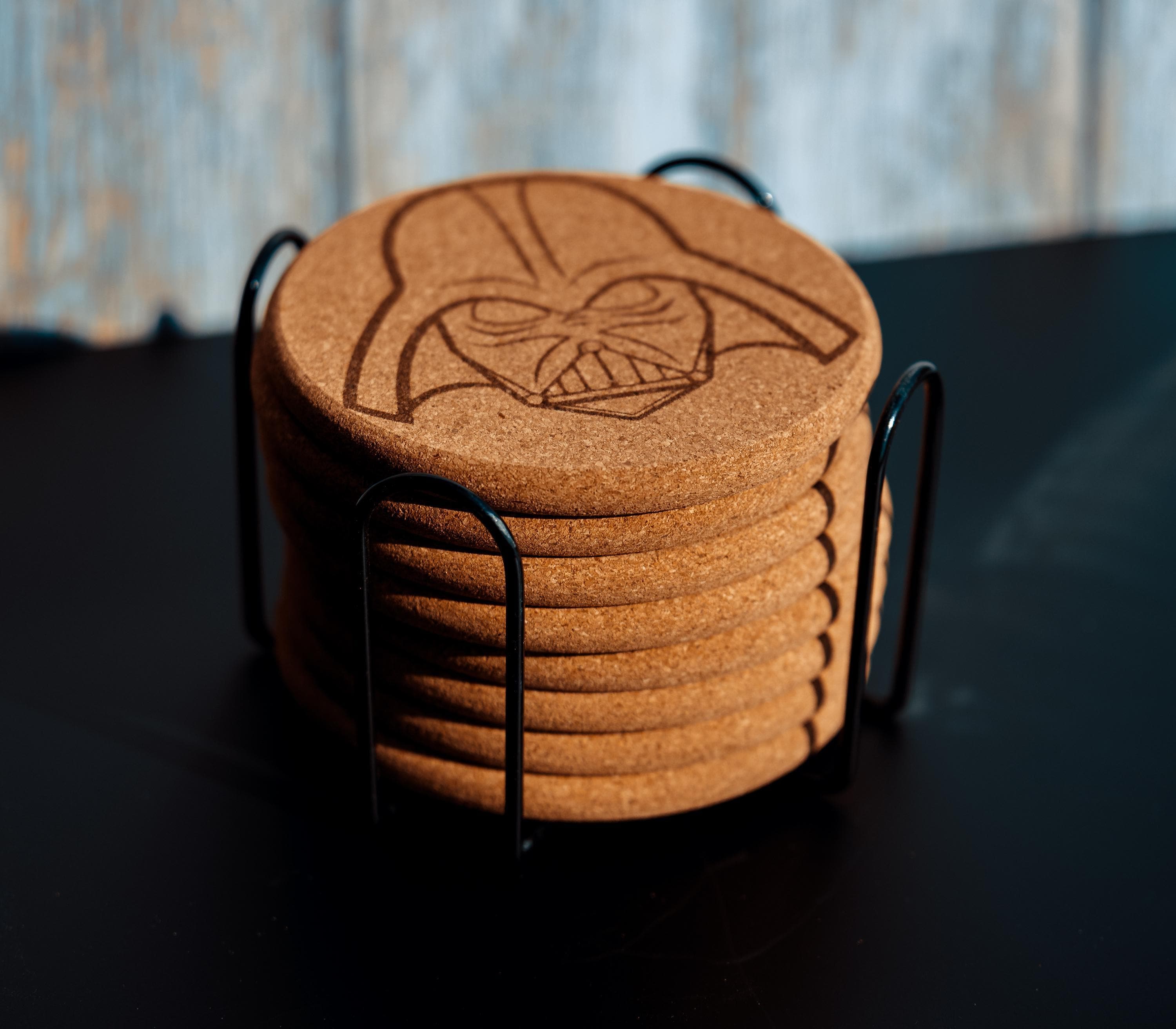 Darth vader cork coaster set with holder - star wars engraved geek decor