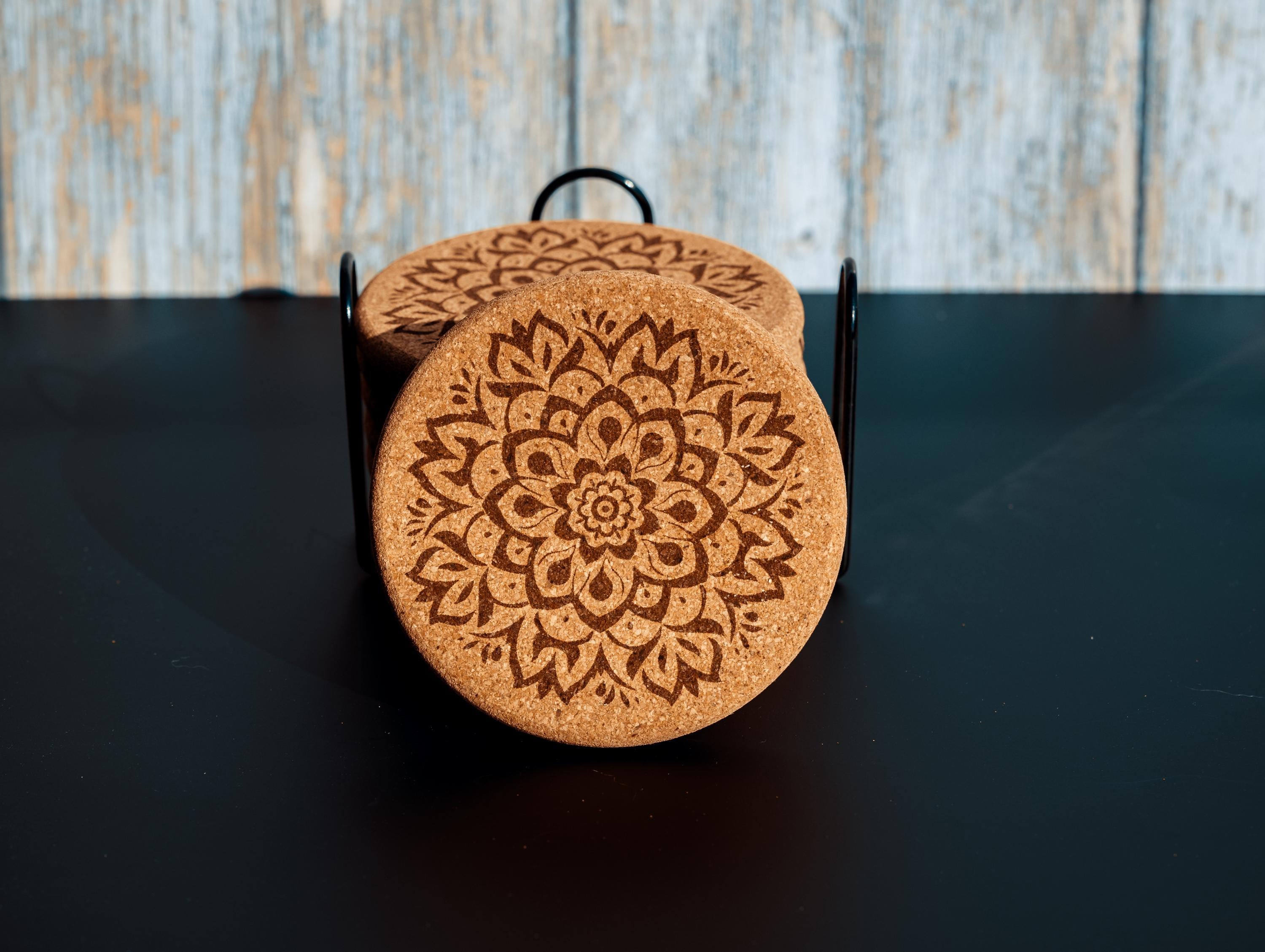 Mandala cork coaster set with holder: laser engraved boho decor