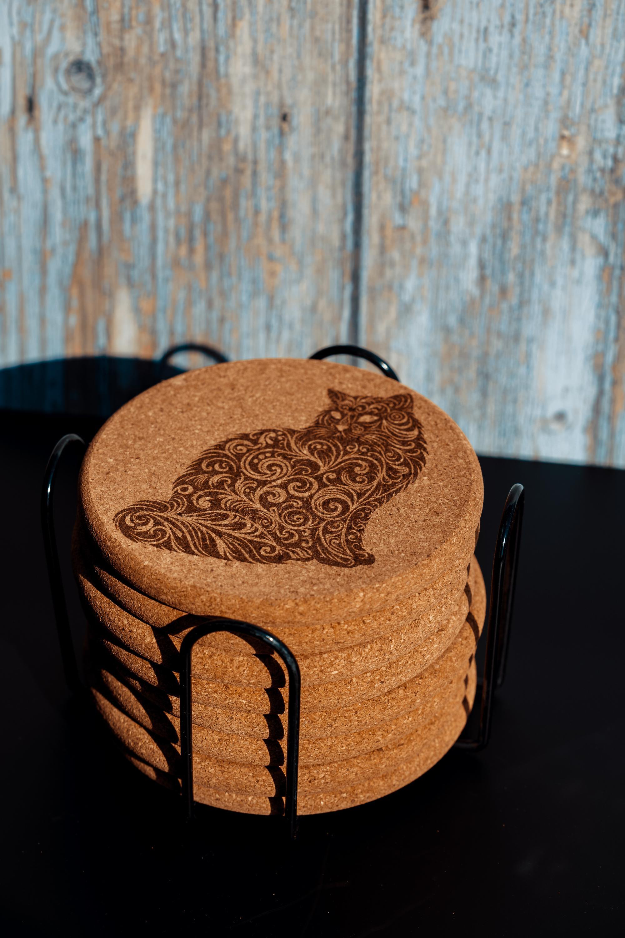 Laser engraved cat cork coaster set with holder - absorbent drink coasters