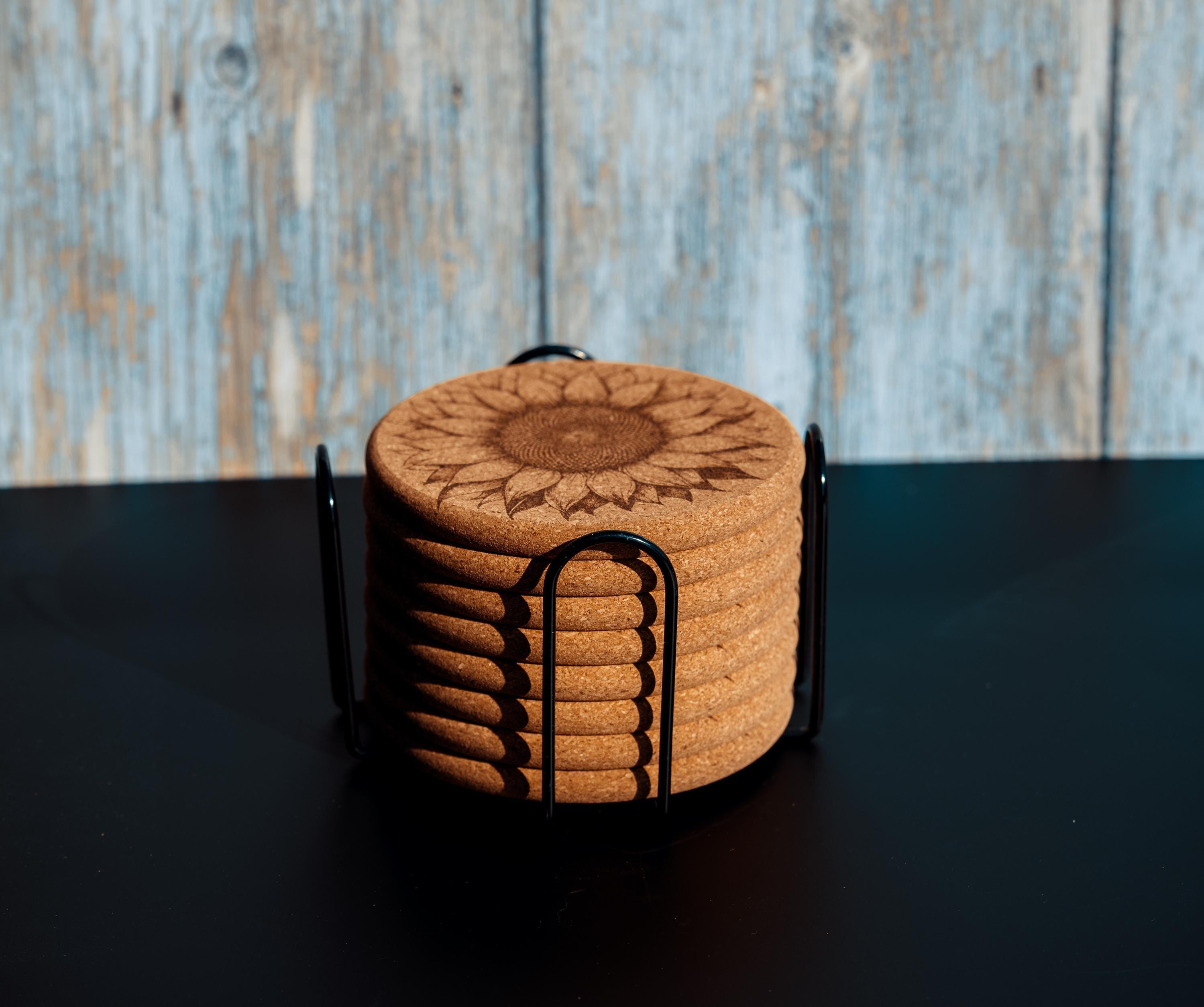 Sunflower cork coaster set with holder - laser engraved boho decor
