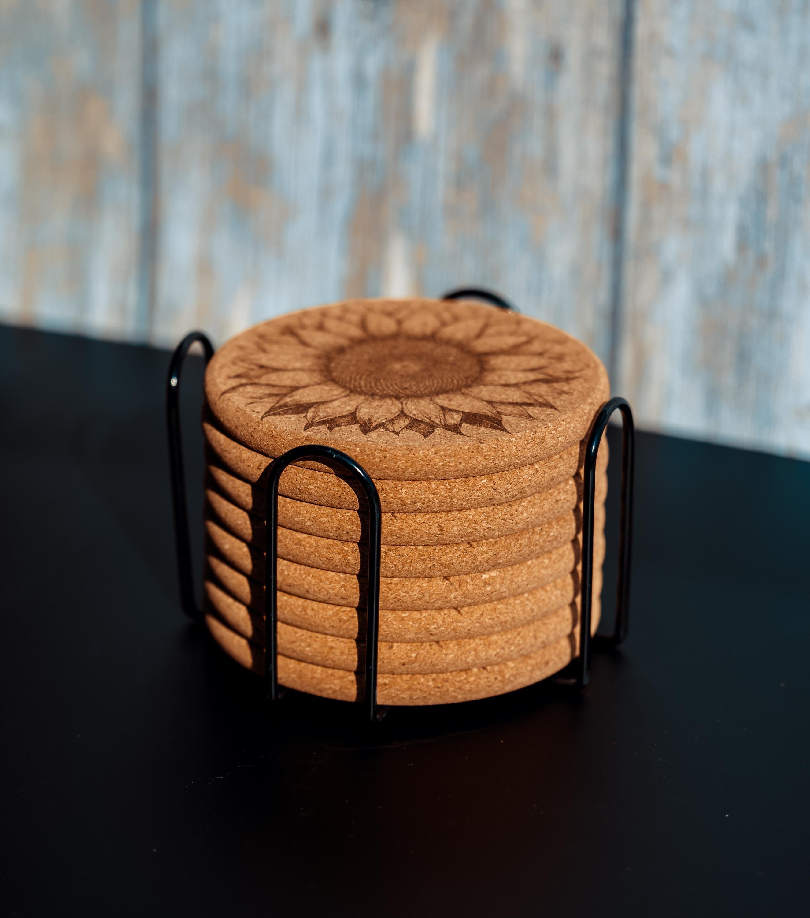 Sunflower cork coaster set with holder - laser engraved boho decor