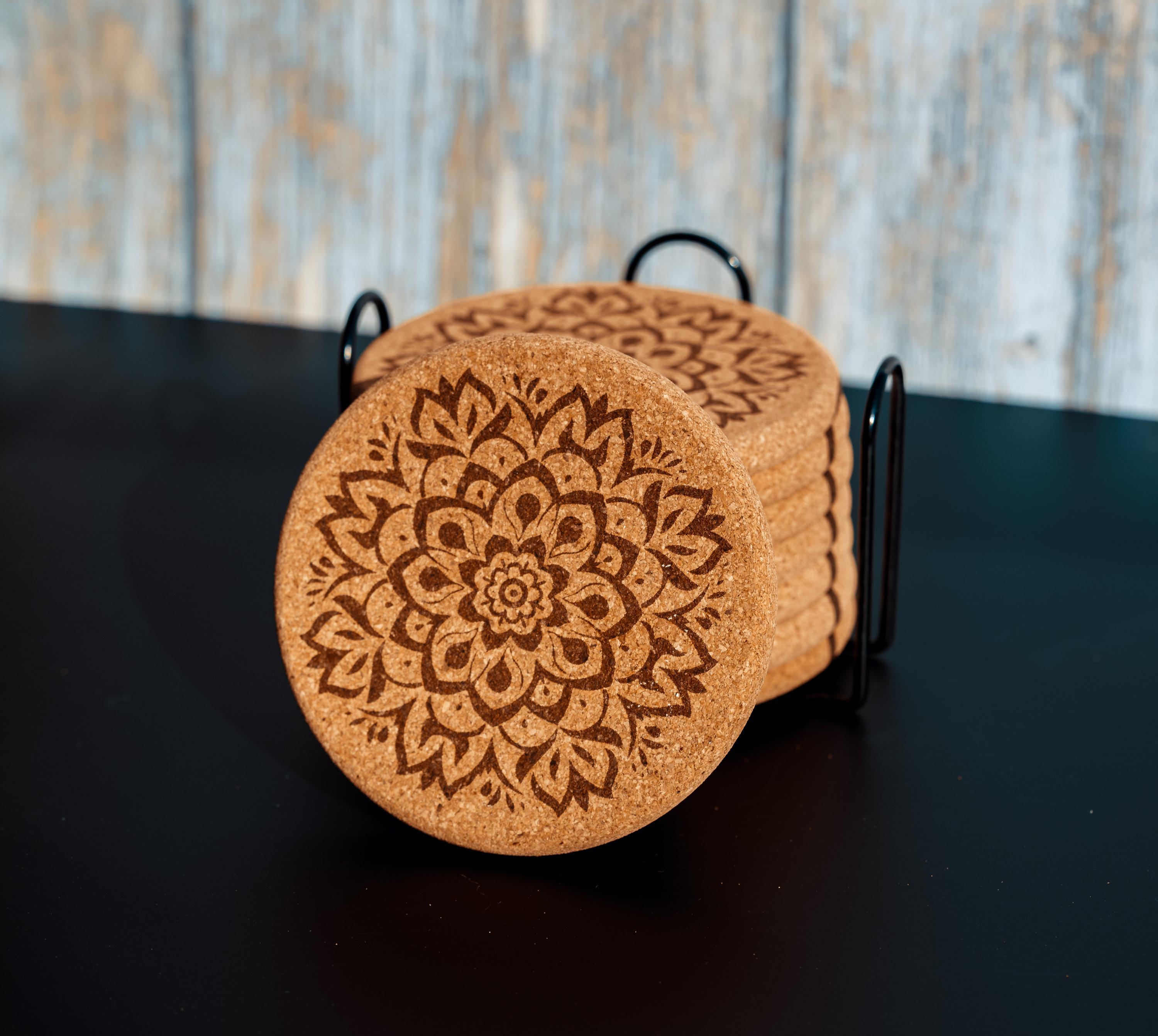 Mandala cork coaster set with holder: laser engraved boho decor