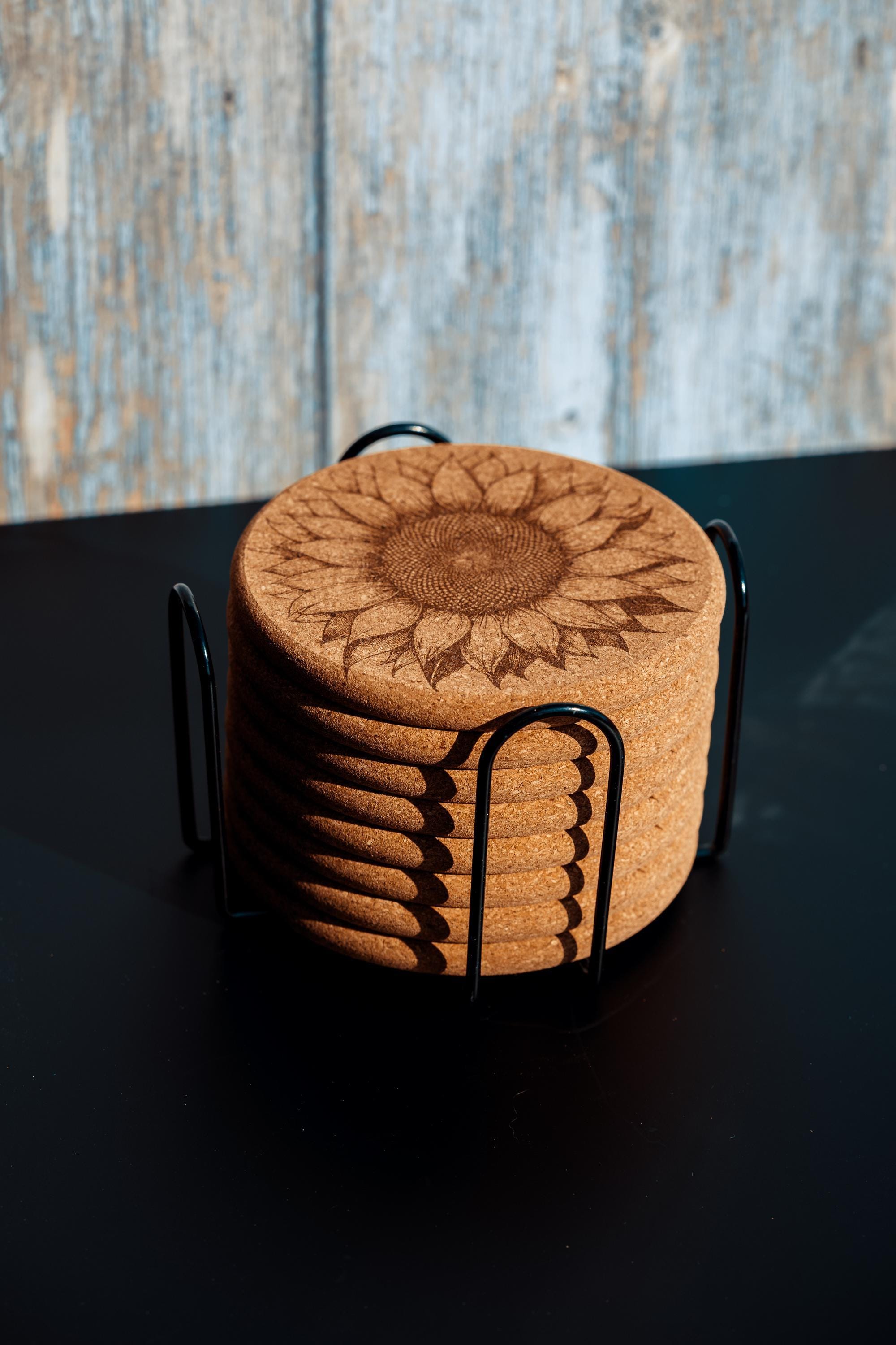 Sunflower cork coaster set with holder - laser engraved boho decor