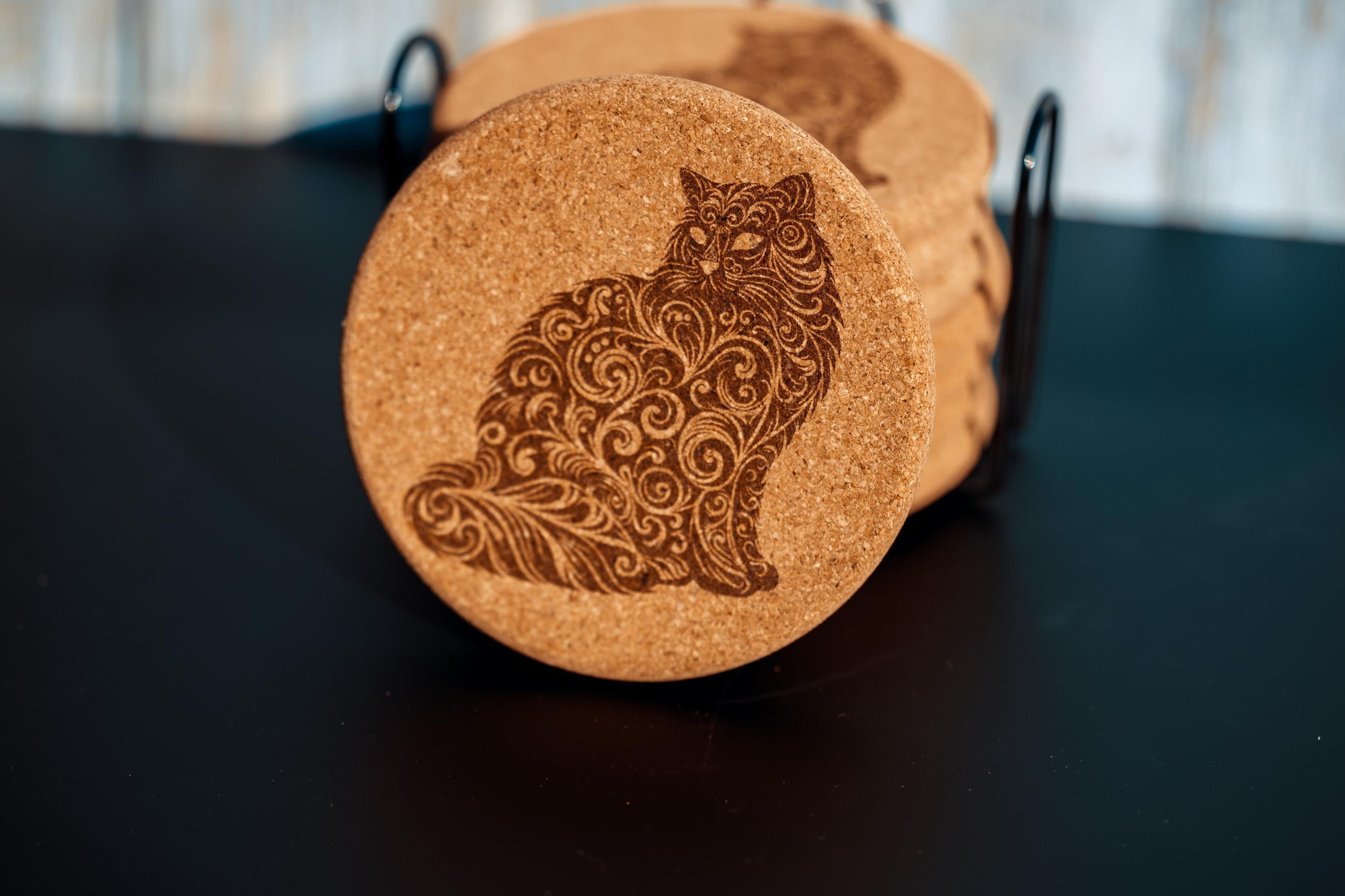 Laser engraved cat cork coaster set with holder - absorbent drink coasters