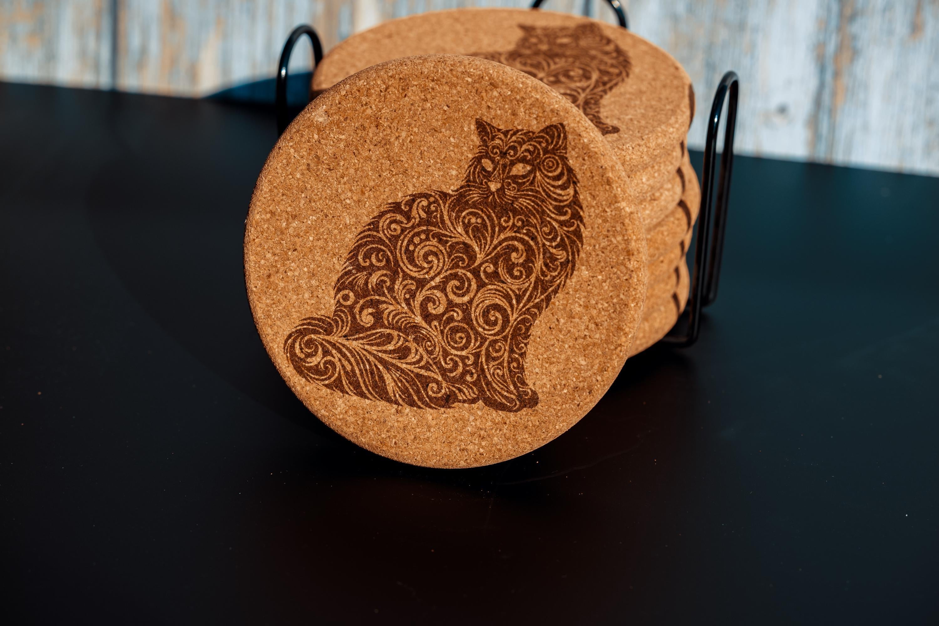 Laser engraved cat cork coaster set with holder - absorbent drink coasters