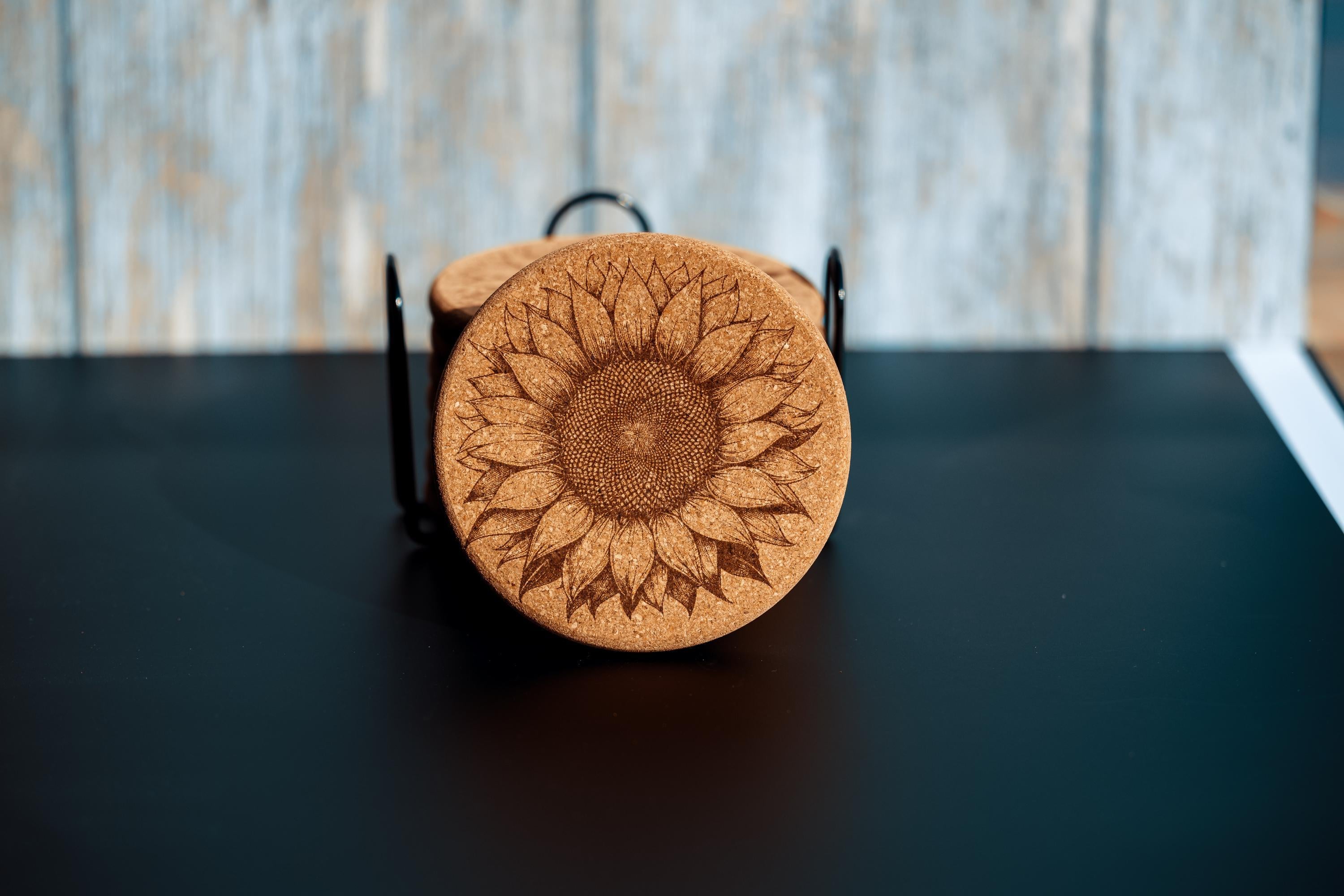 Sunflower cork coaster set with holder - laser engraved boho decor
