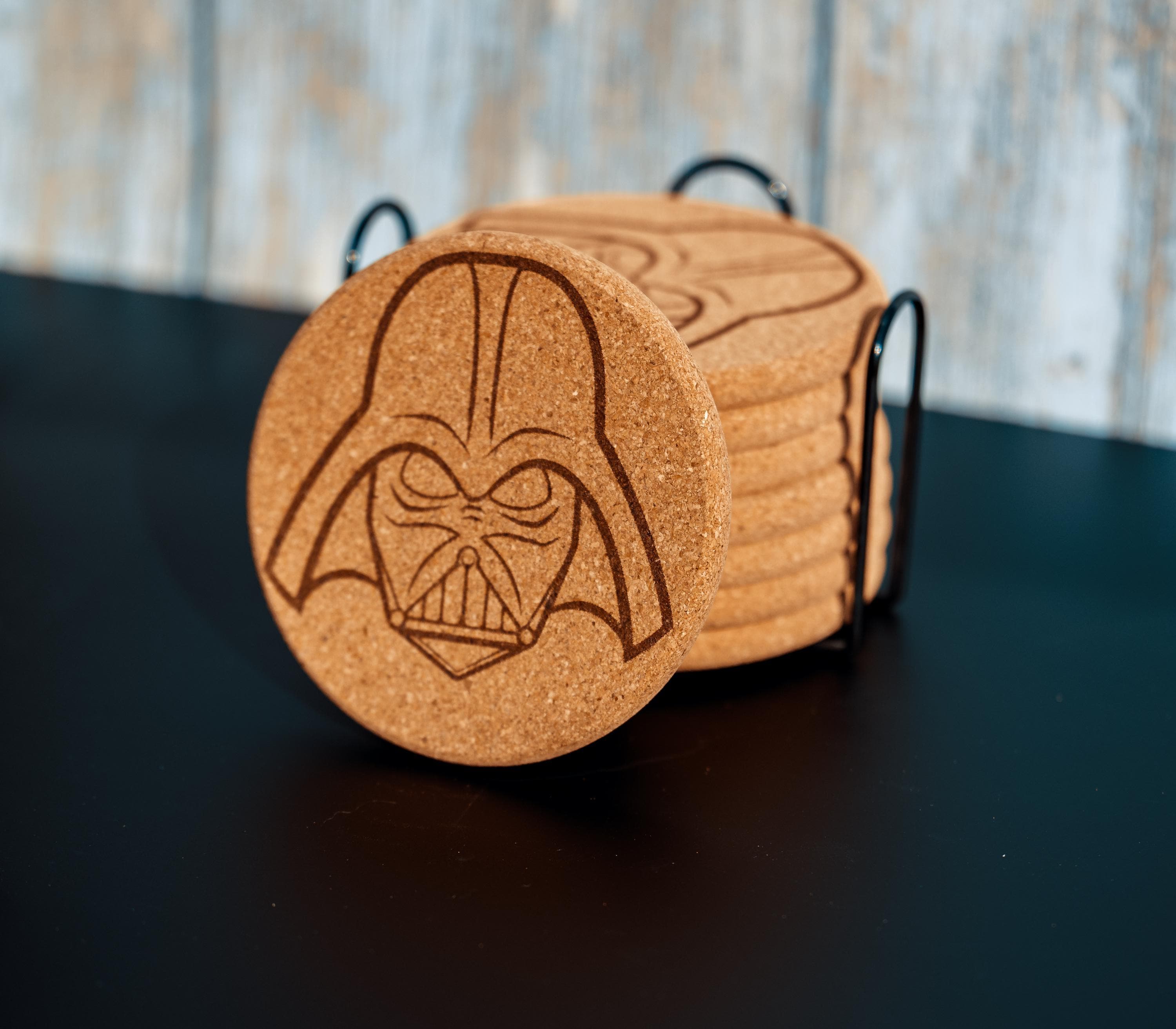 Darth vader cork coaster set with holder - star wars engraved geek decor