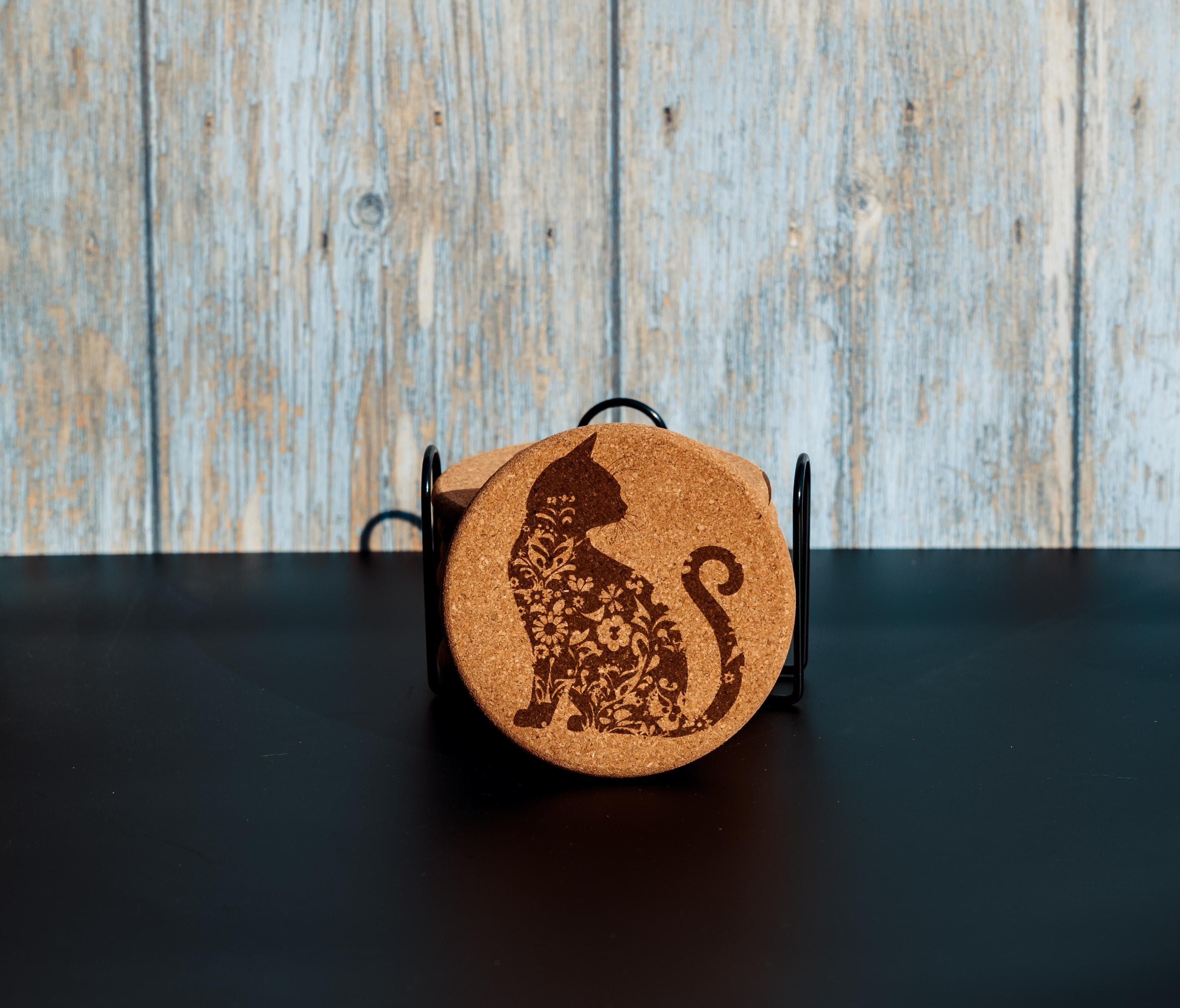 Laser engraved cat cork coaster set with holder (set of 8)