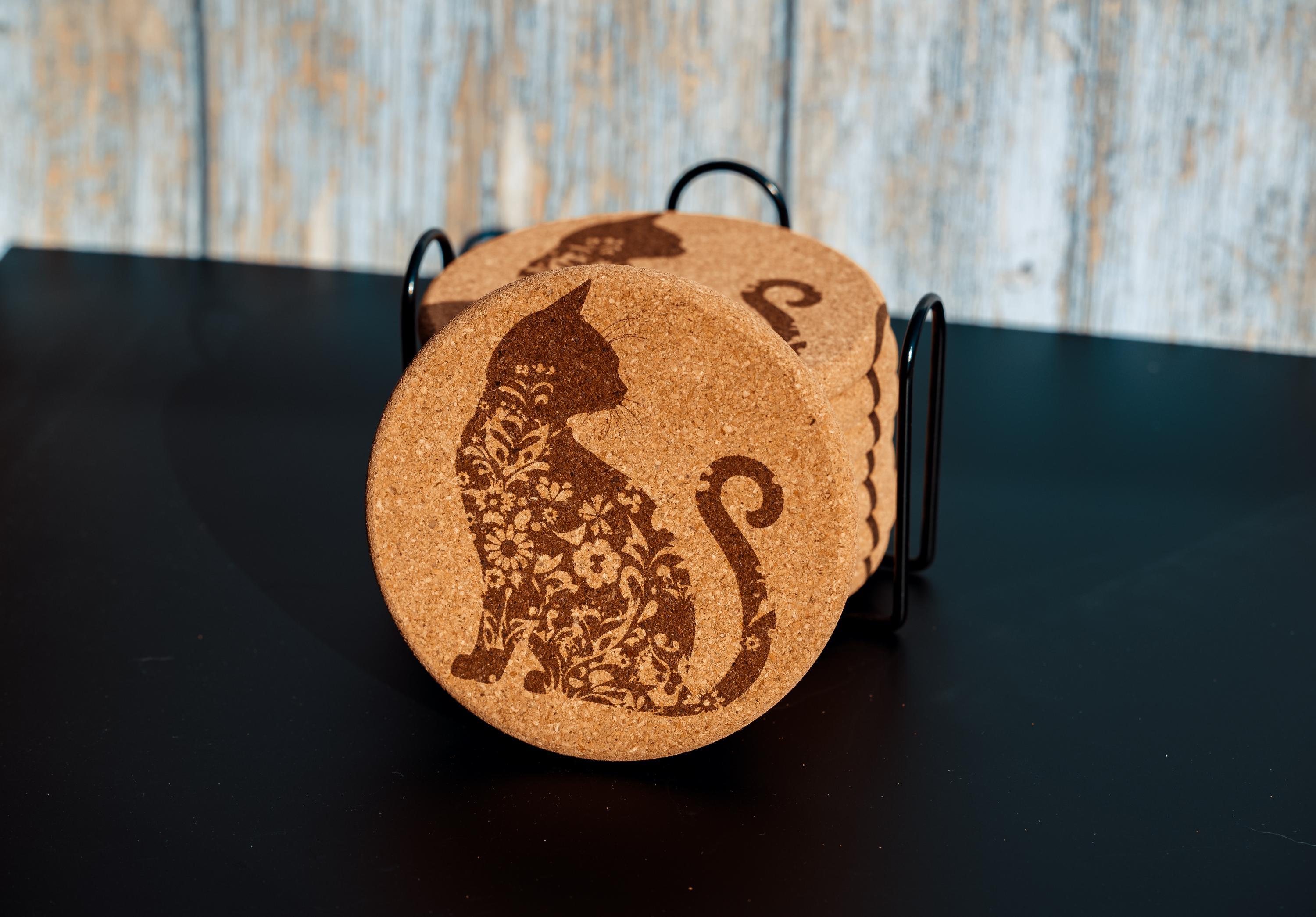 Laser engraved cat cork coaster set with holder (set of 8)