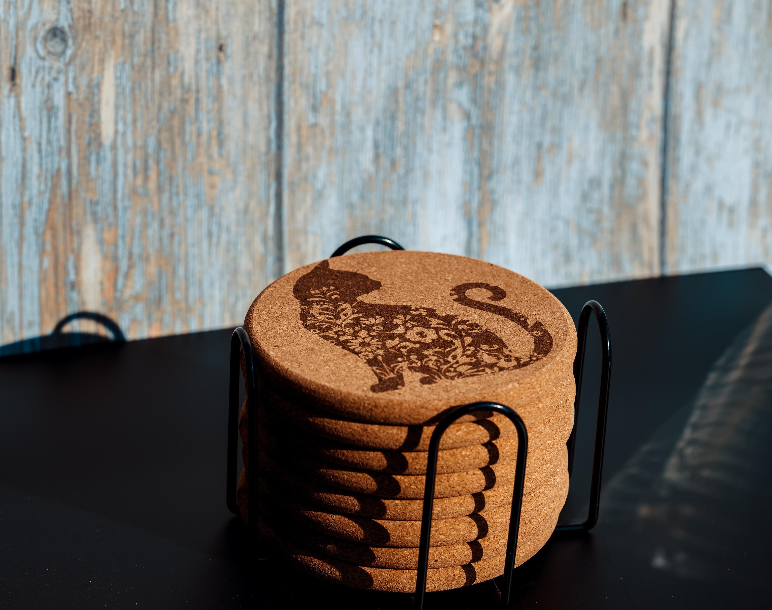 Laser engraved cat cork coaster set with holder (set of 8)