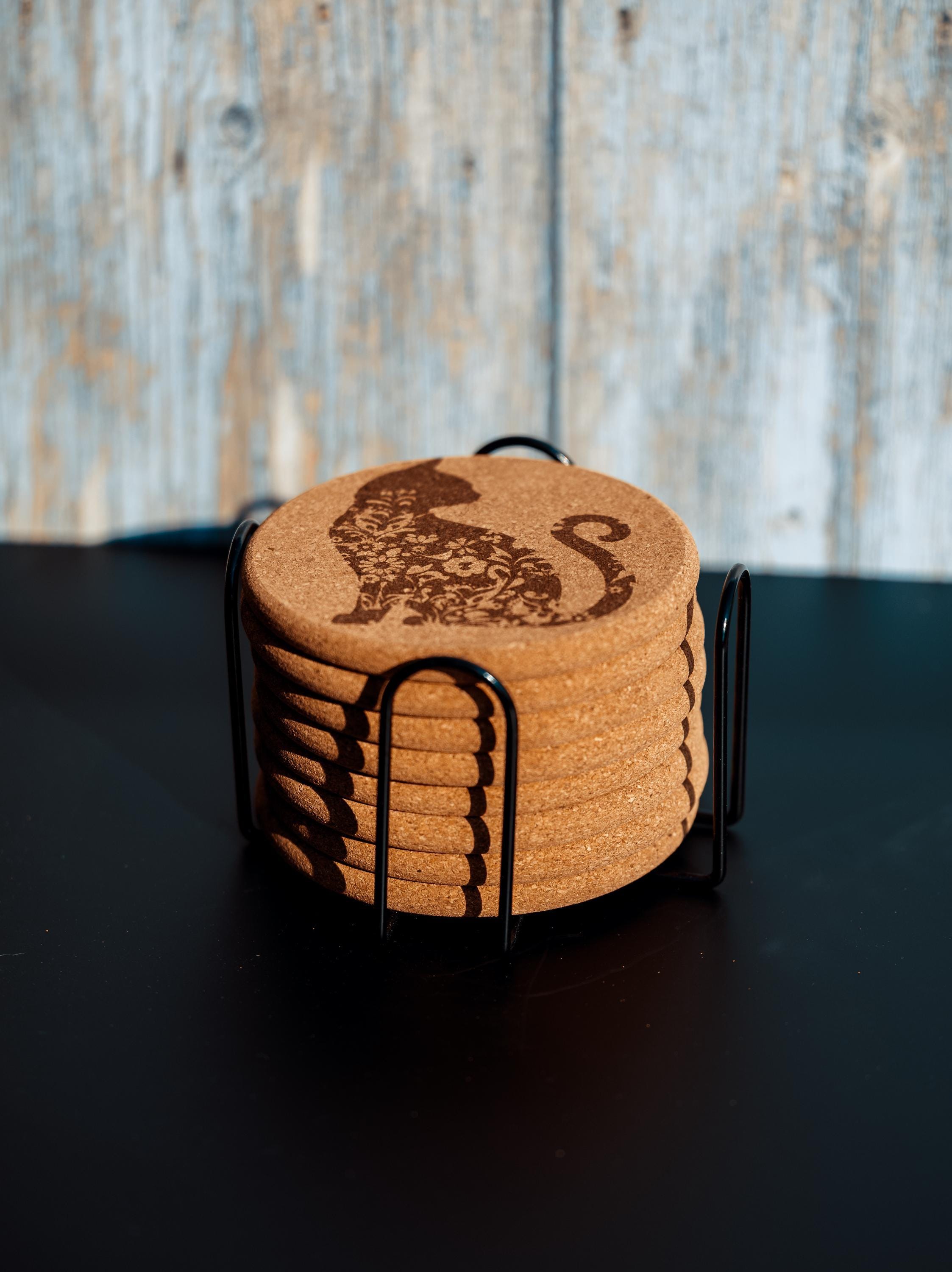 Laser engraved cat cork coaster set with holder (set of 8)